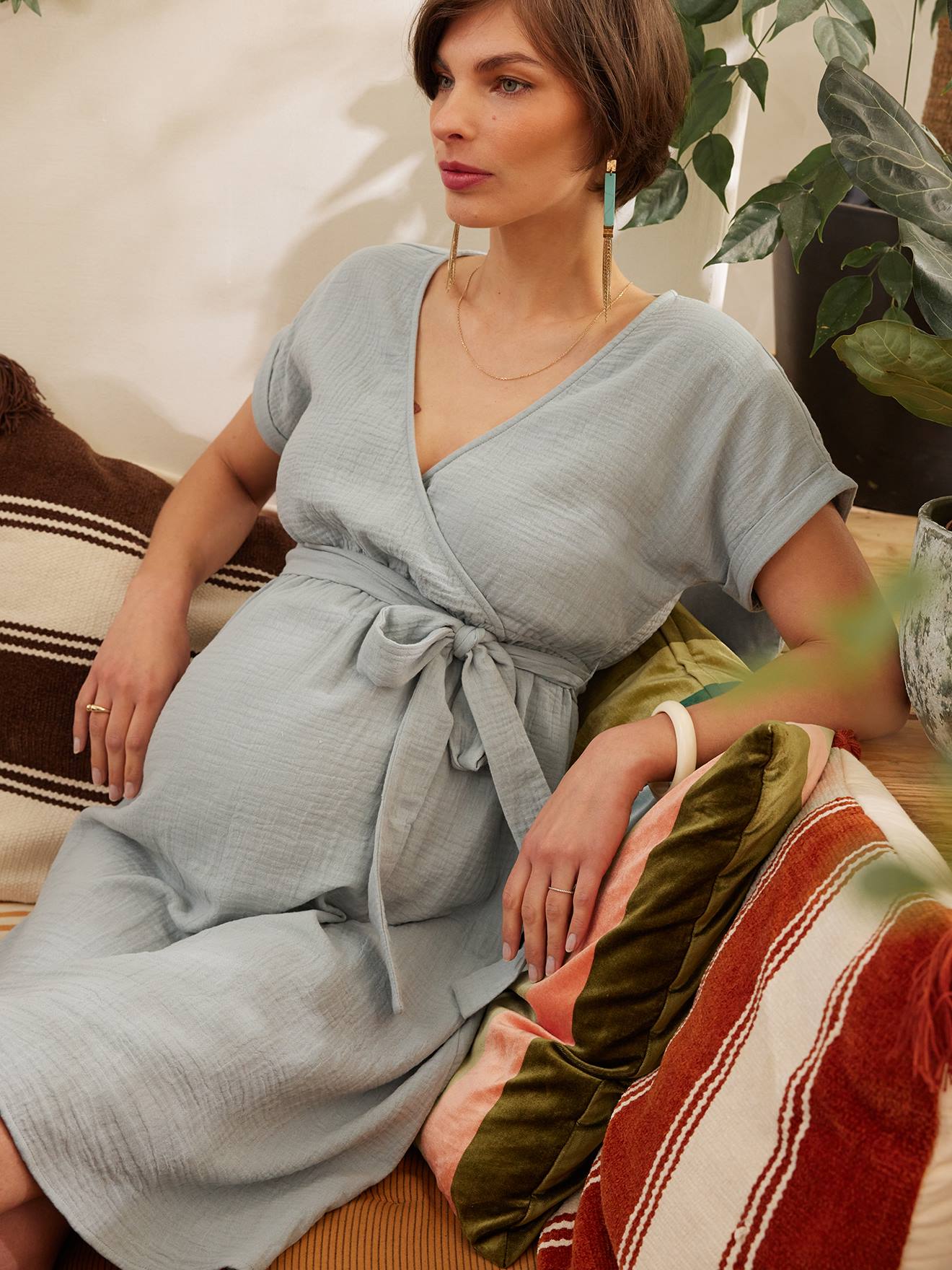 Robe grossesse en gaze de coton bio ENVIE DE FRAISE vert sauge