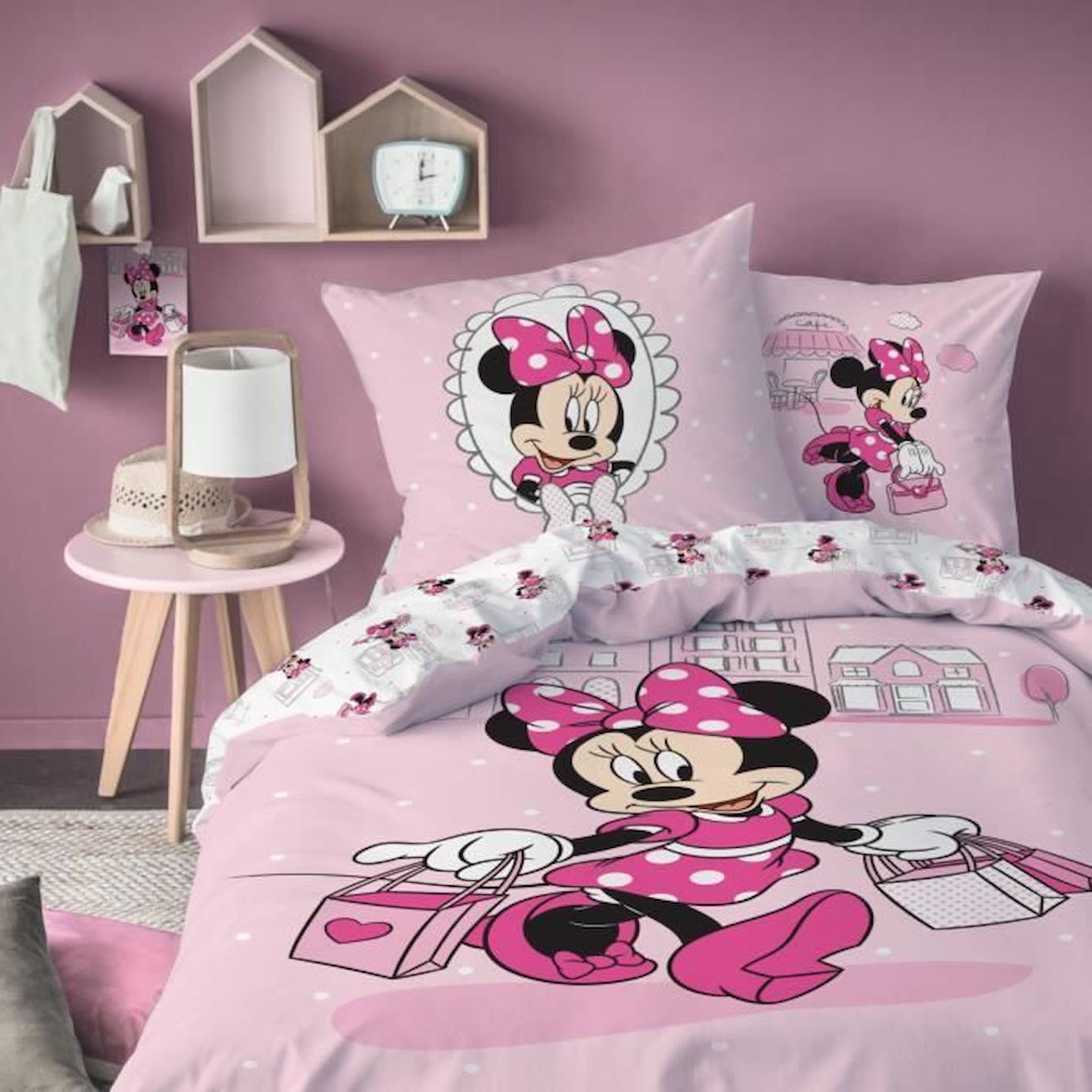 Disney - Parure De Lit Enfant Minnie Mouse Shopping - Disney - 140x200 Cm - 100% Coton Rose