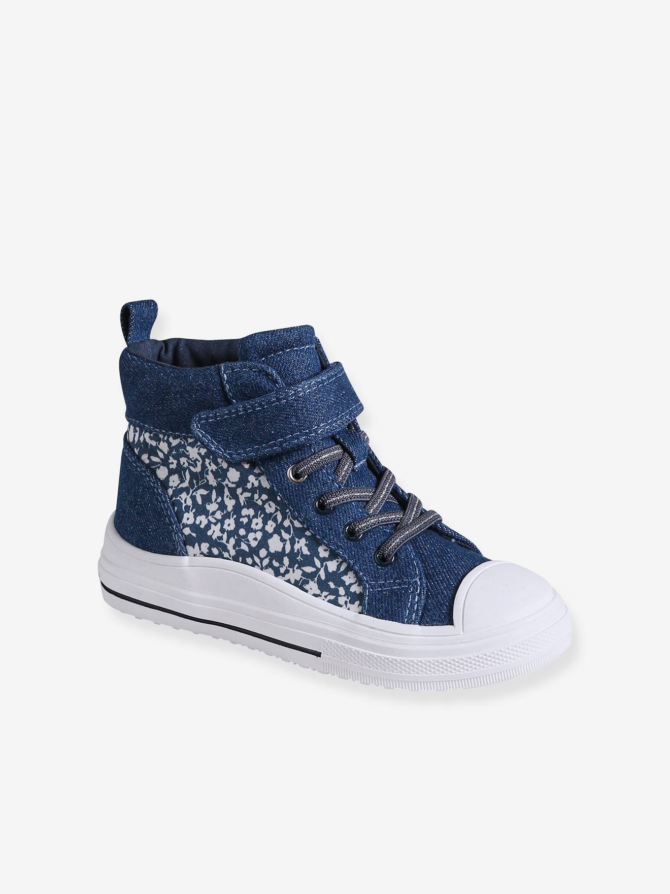 Baskets montantes fille lacées et scratchées bleu jean