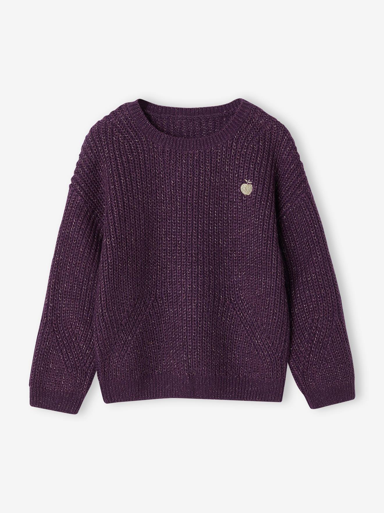 Pull maille perlée animation badge irisé fille violet