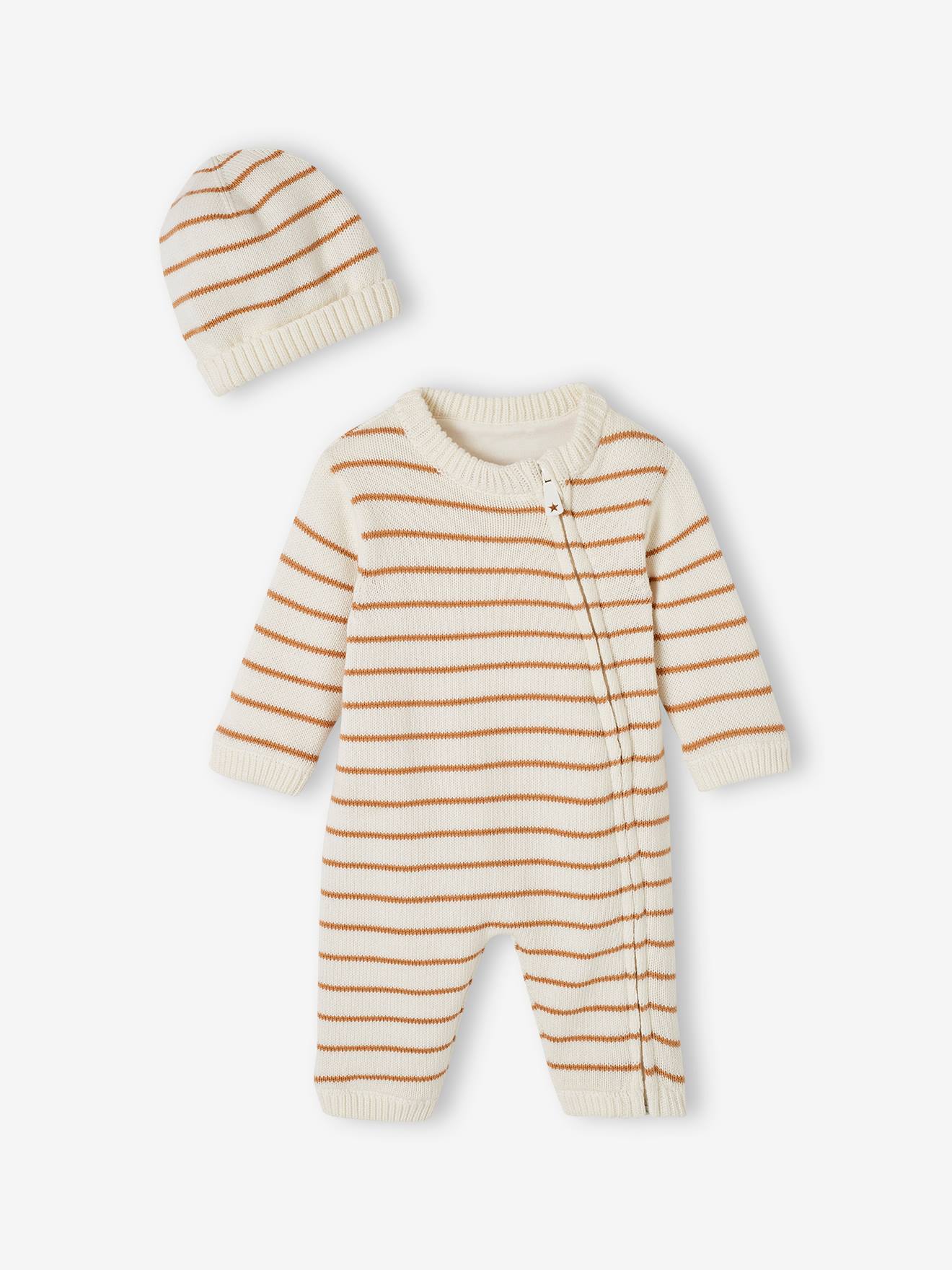 Ensemble combinaison et bonnet en tricot rayé bébé noisette