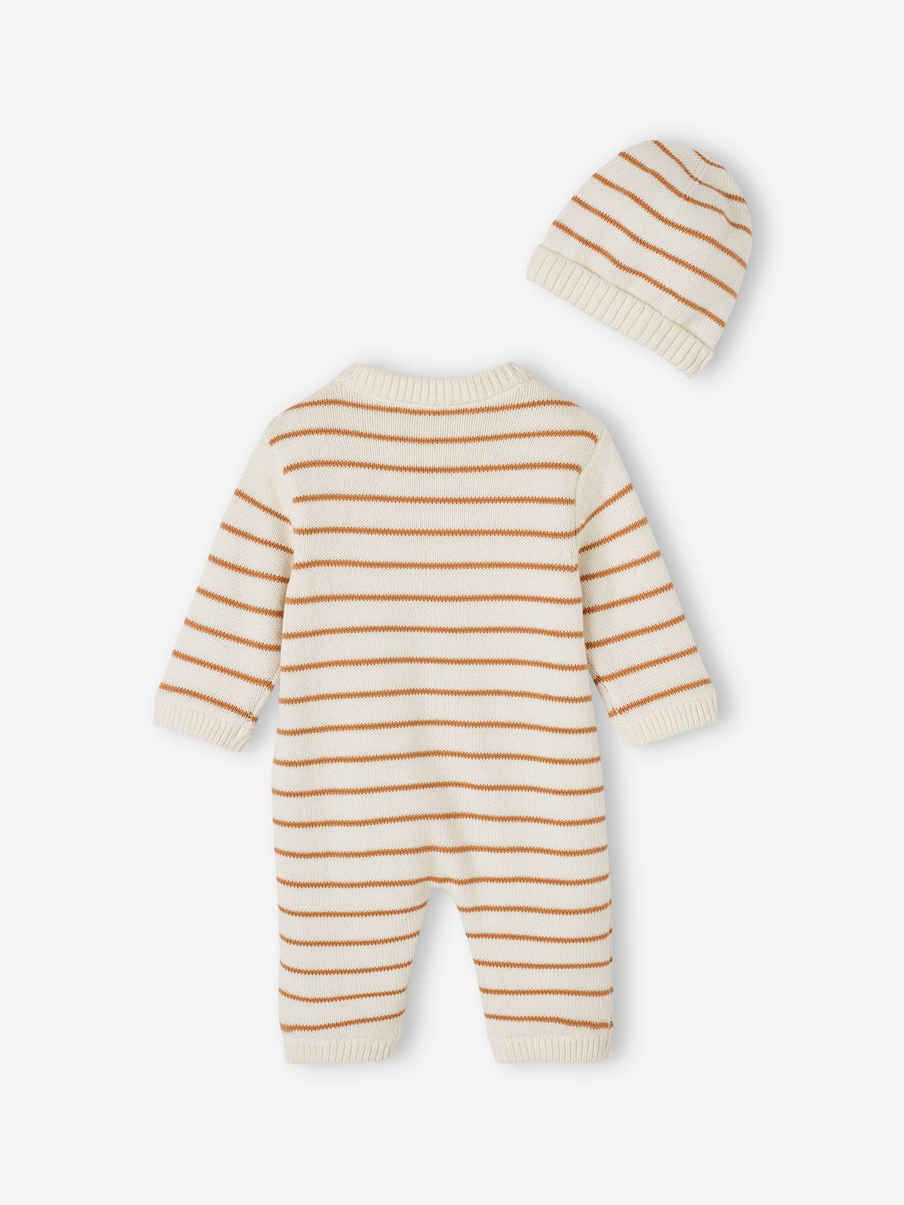 Ensemble combinaison et bonnet en tricot rayé bébé noisette (Vertbaudet) - Image 2