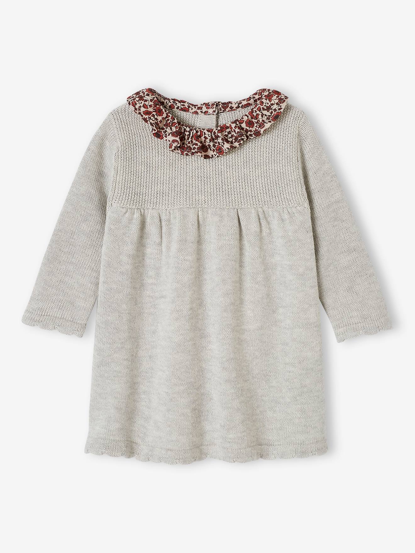 Robe en tricot bébé col en tissu fleuri gris chiné