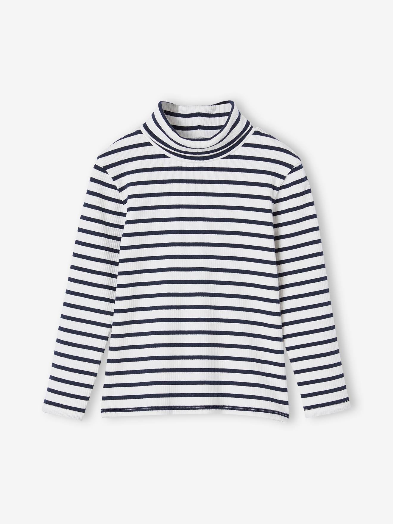 T-shirt col roulé en côtes fille rayé bleu