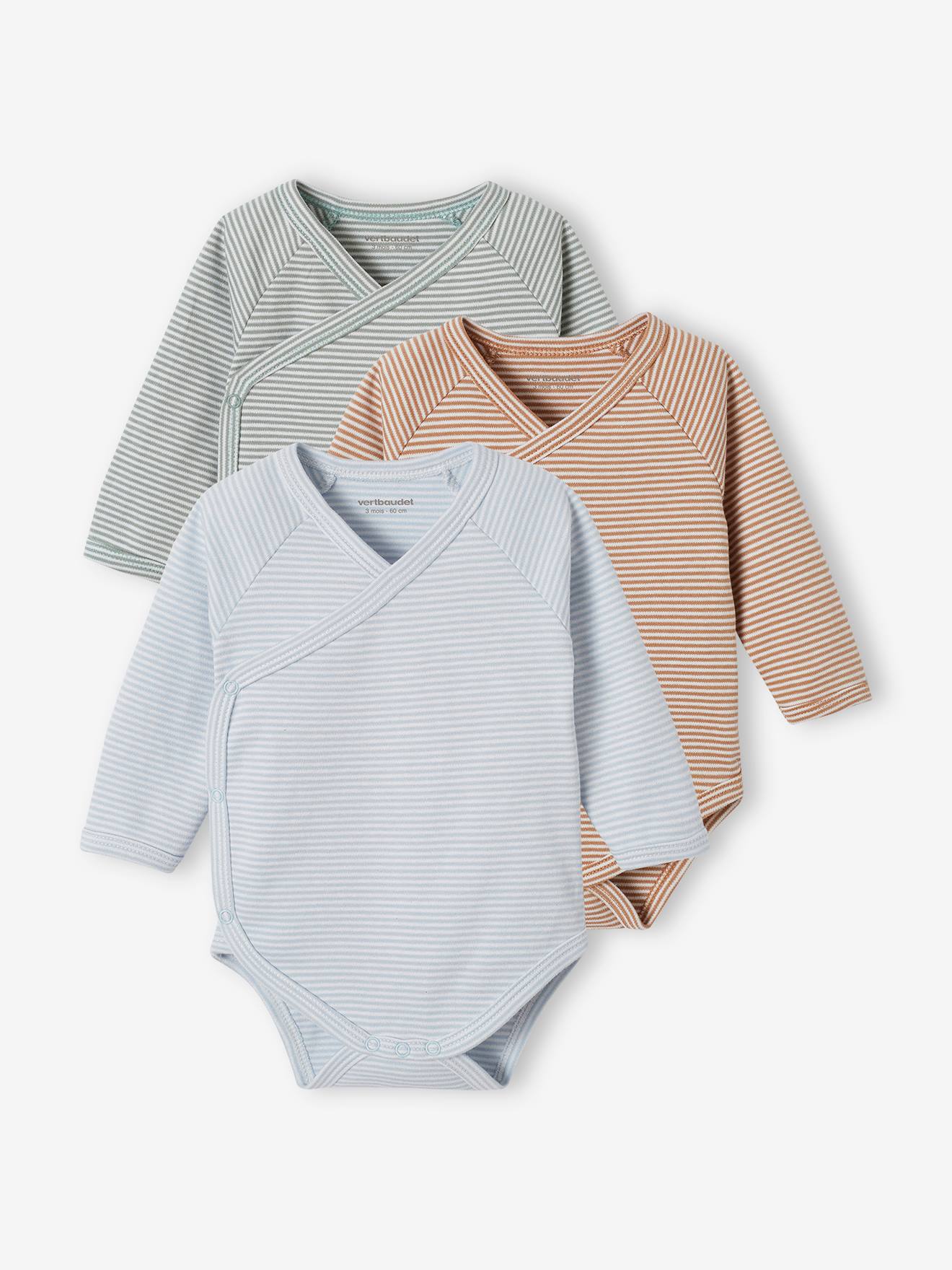 Lot 3 bodies manches longues ouverture naissance bébé en coton bio bleu ciel