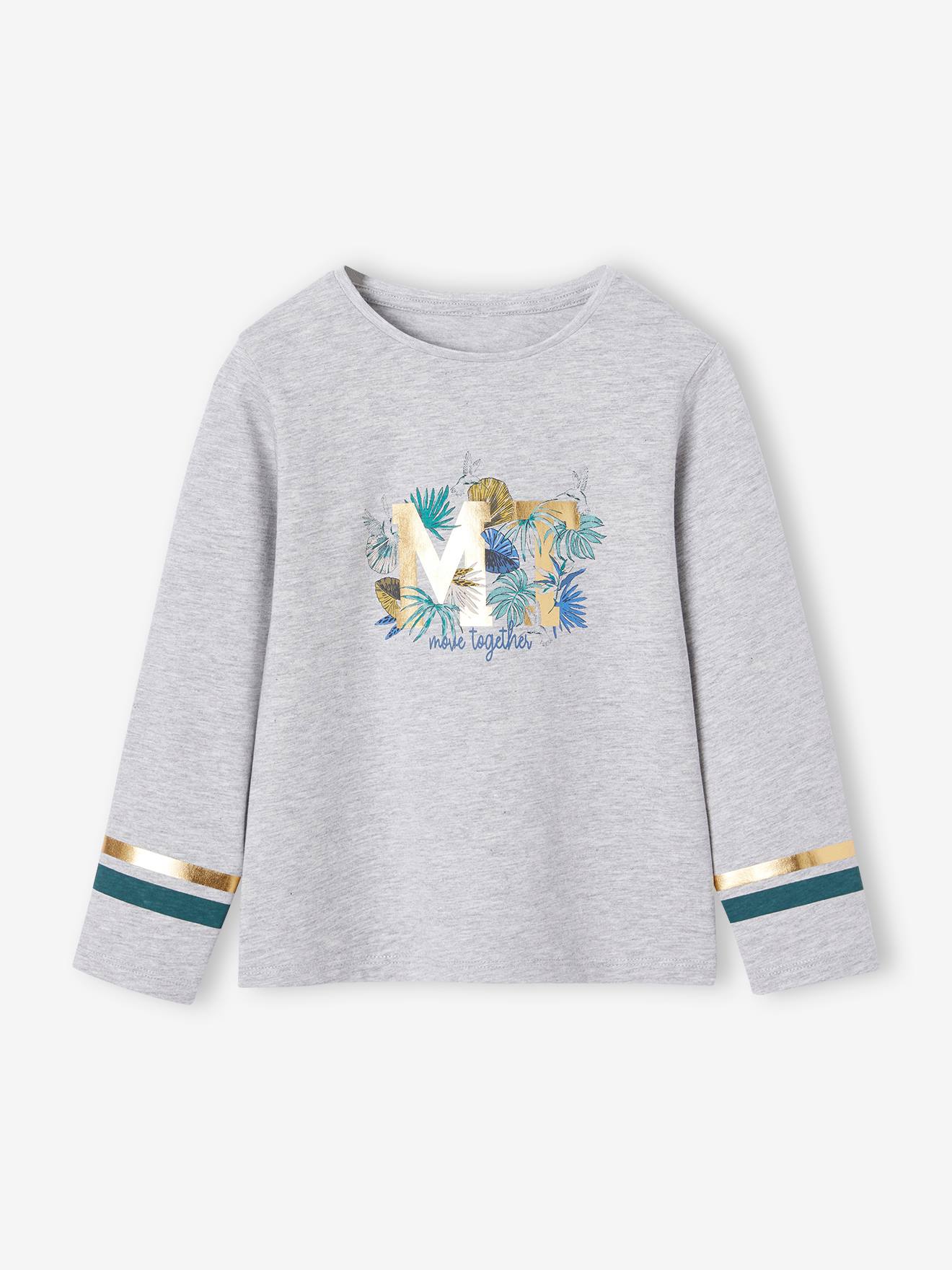 T-shirt sport motif tropical brillant fille gris chiné