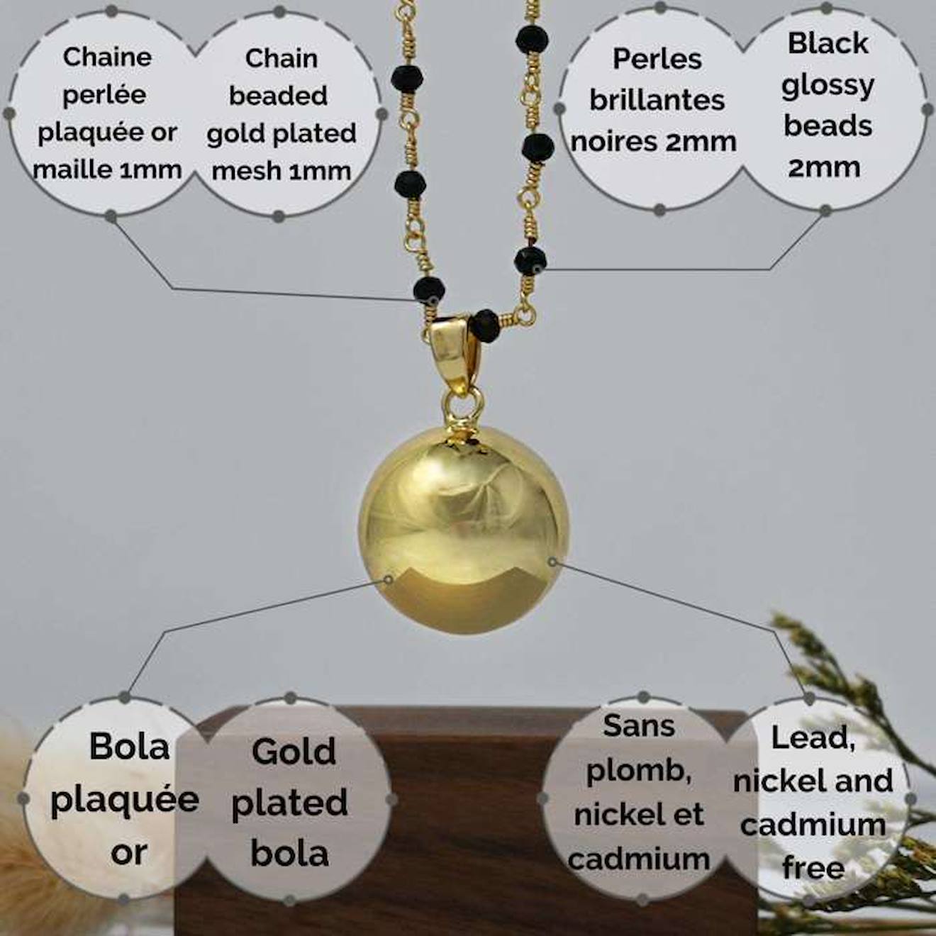 Bola de grossesse or lisse avec chaîne - CHARLOTTE (Chaine perlée/cristal  noir) - plaquée or - coffret cadeau femme enceinte blanc - Irréversible  Bijoux