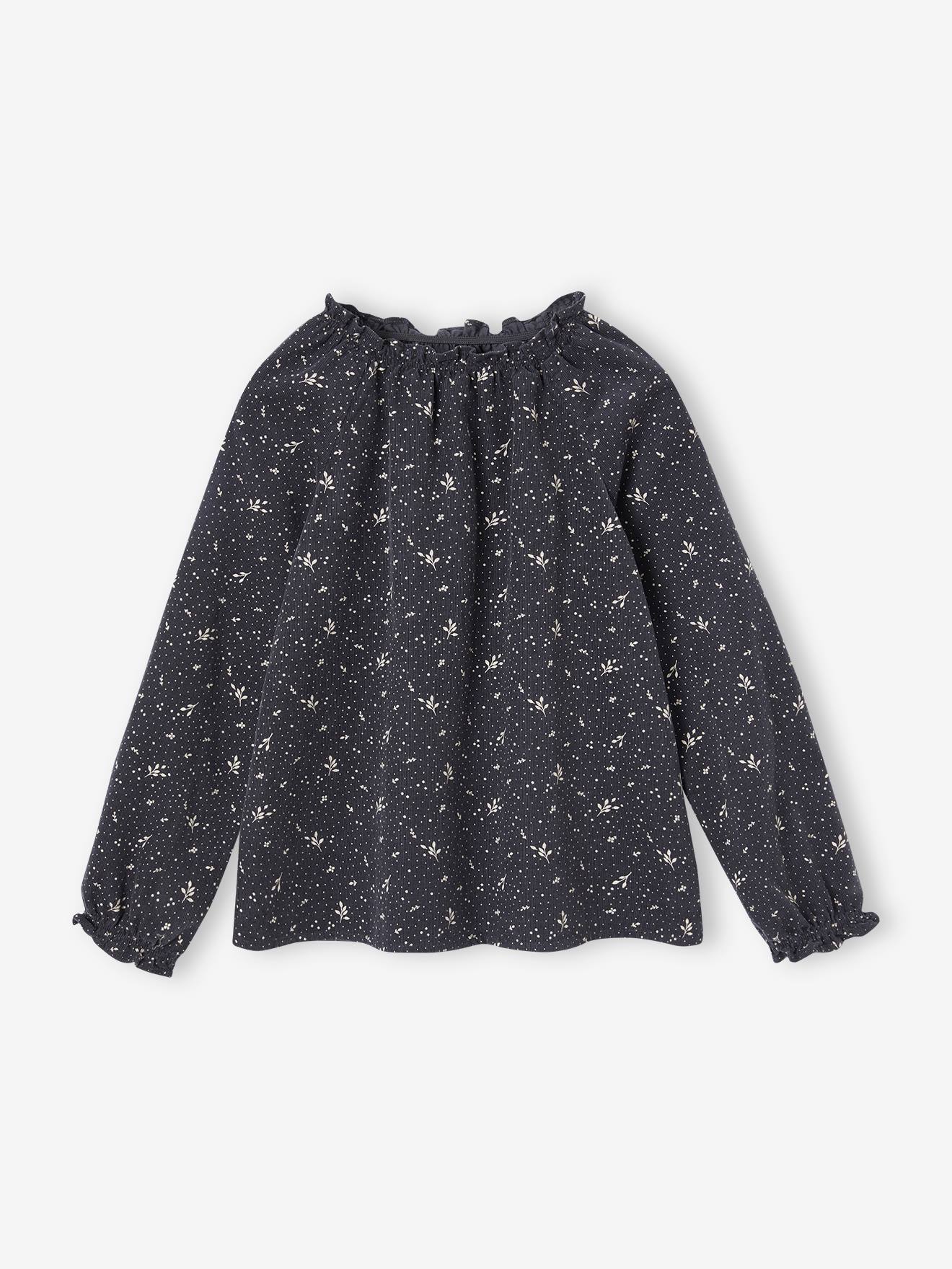 Blouse à fleurs en velours milleraies fille anthracite