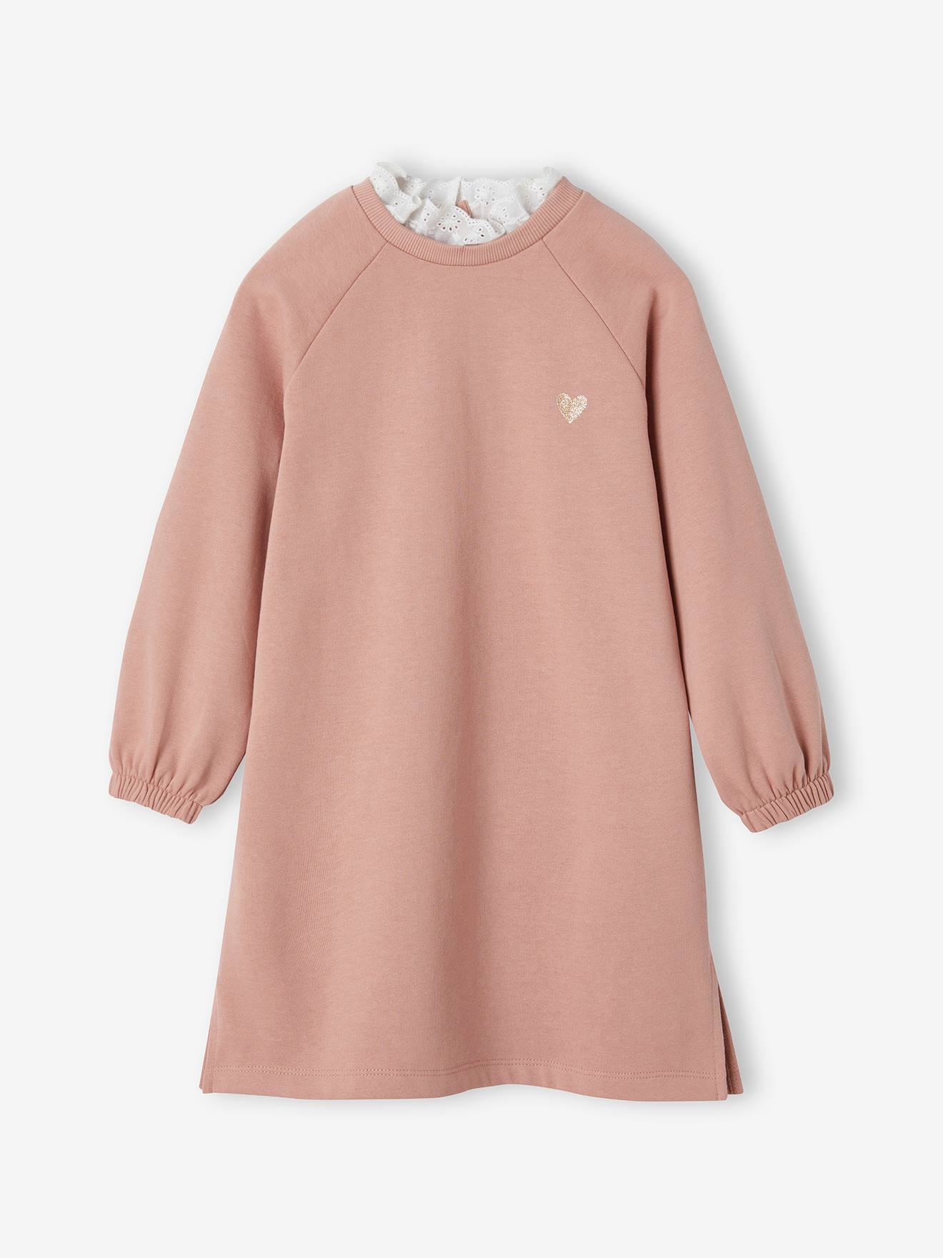 Robe en molleton col en broderie anglaise fille blush