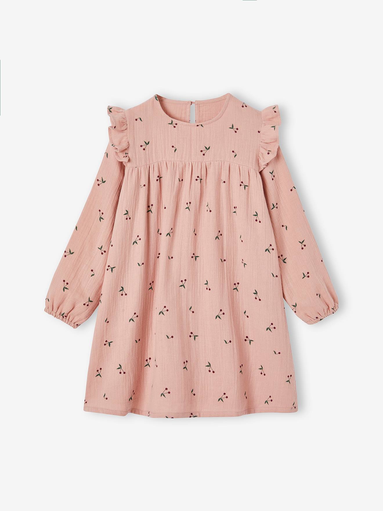 Robe en gaze de coton avec volants épaule rose poudré