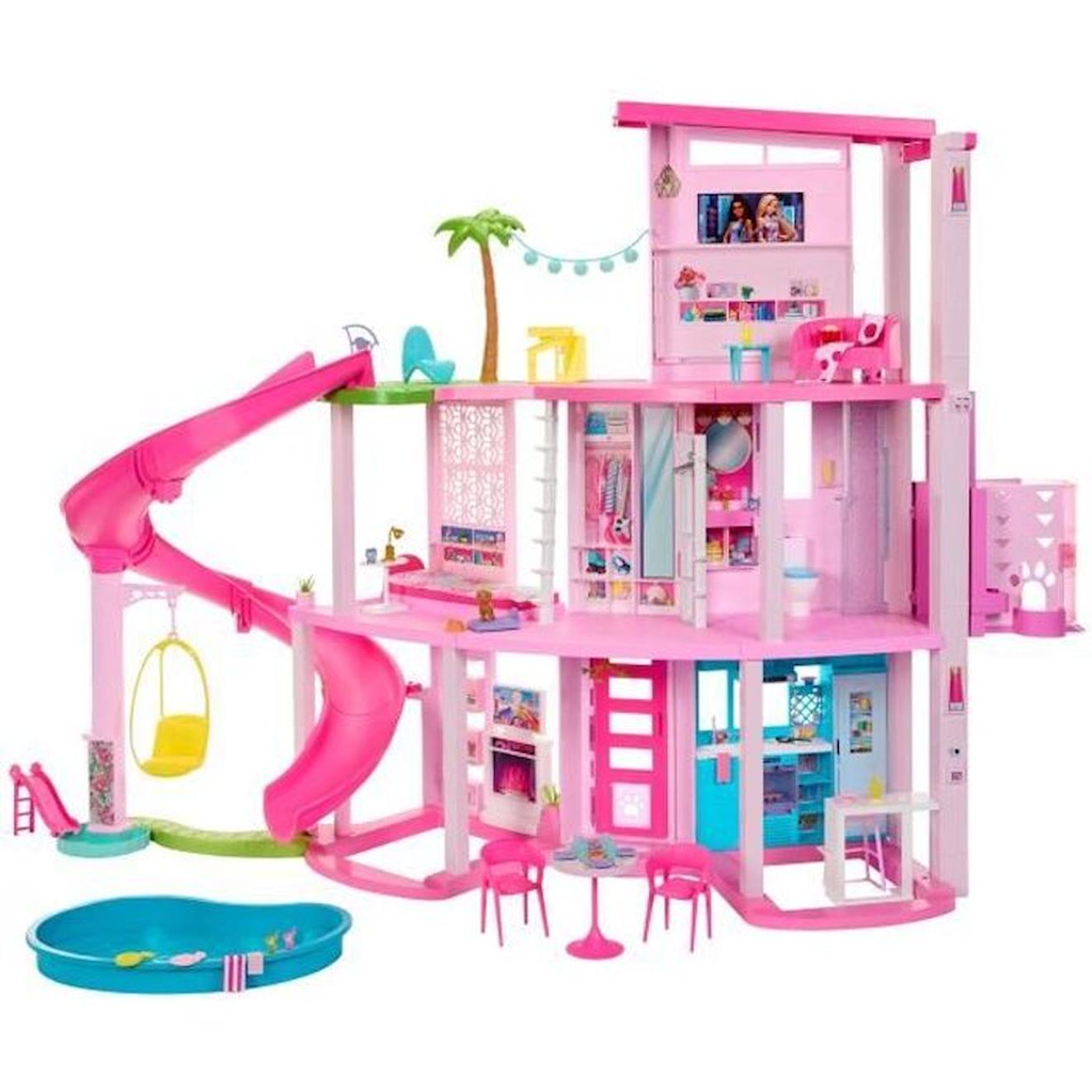 Barbie Maison de Reve Maison de poupee 3 niveaux piscine et toboggan HMX10 rose Barbie