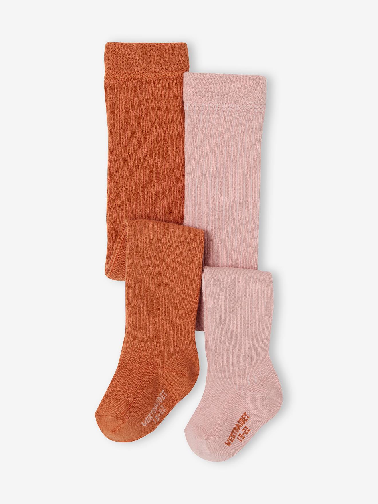 Lot de 2 paires de collants en maille côtelée bébé fille noix de pécan