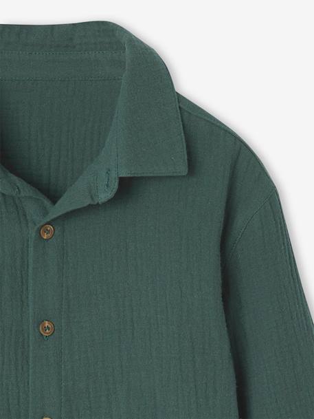 VERTBAUDET Chemise Gaze Coton Garçon - Manches Retroussables Bleu - Taille 14A - Style Ethnique