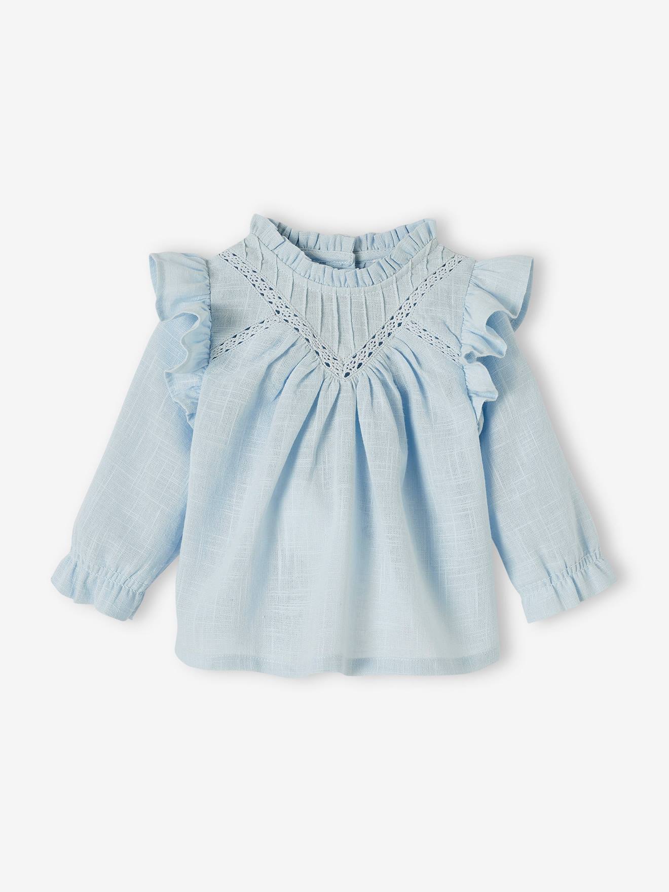 Blouse volantée bébé en tissu flammé bleu ciel
