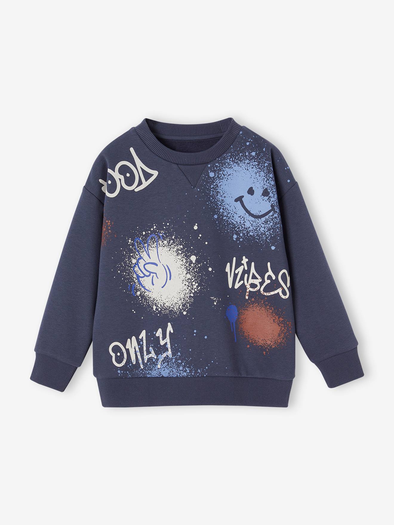Sweat col rond graffitis garçon bleu nuit