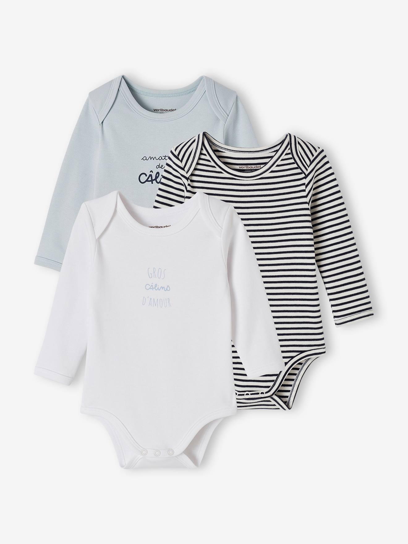Lot 3 bodies câlins manches longues en coton bio bébé emmanchures américaines bleu nuit