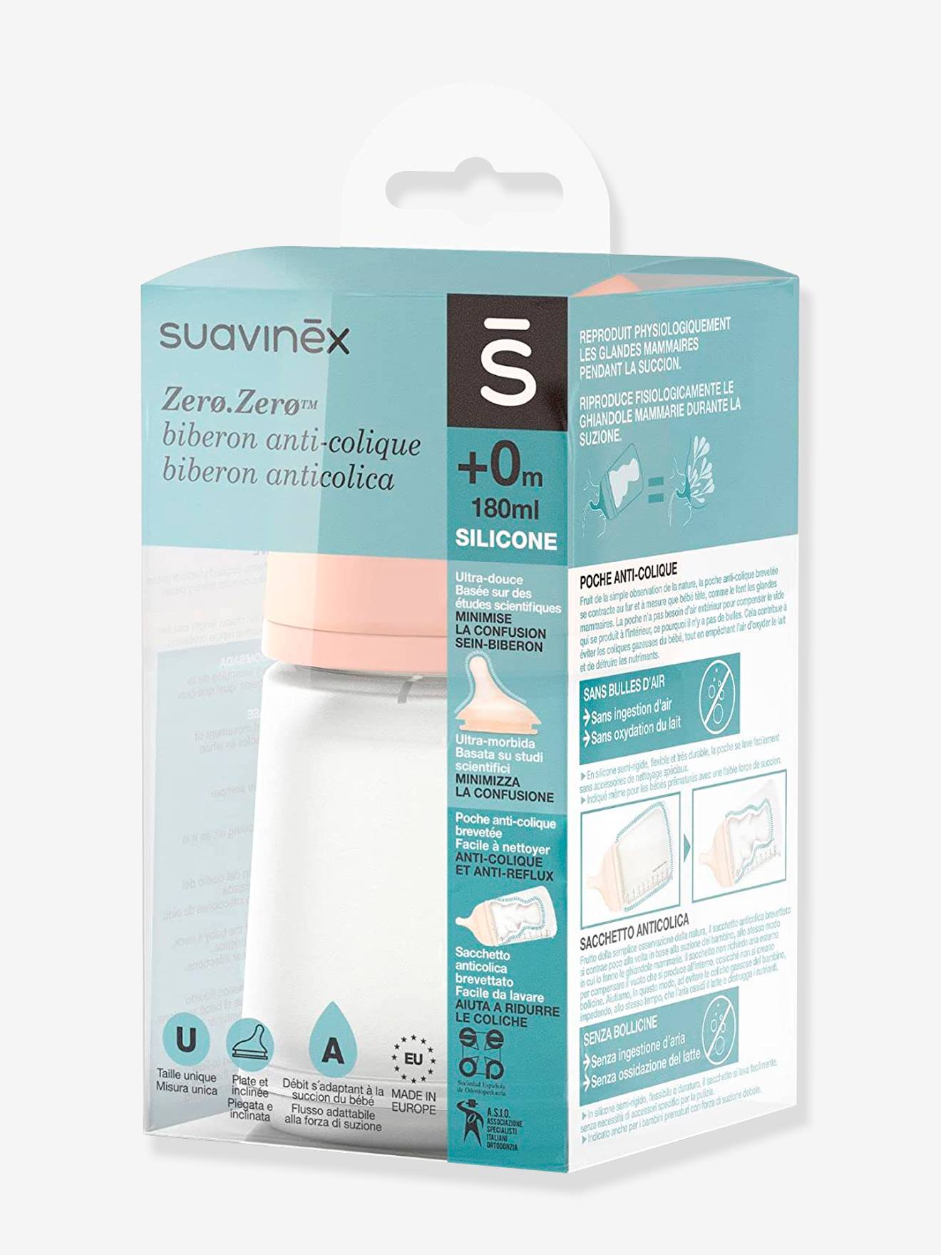 Biberon Anti-Colique Suavinex Zero Zero 180ml - Tétine Allaitement (A) - Pour Nouveau-nés Et Allaitement Mixte