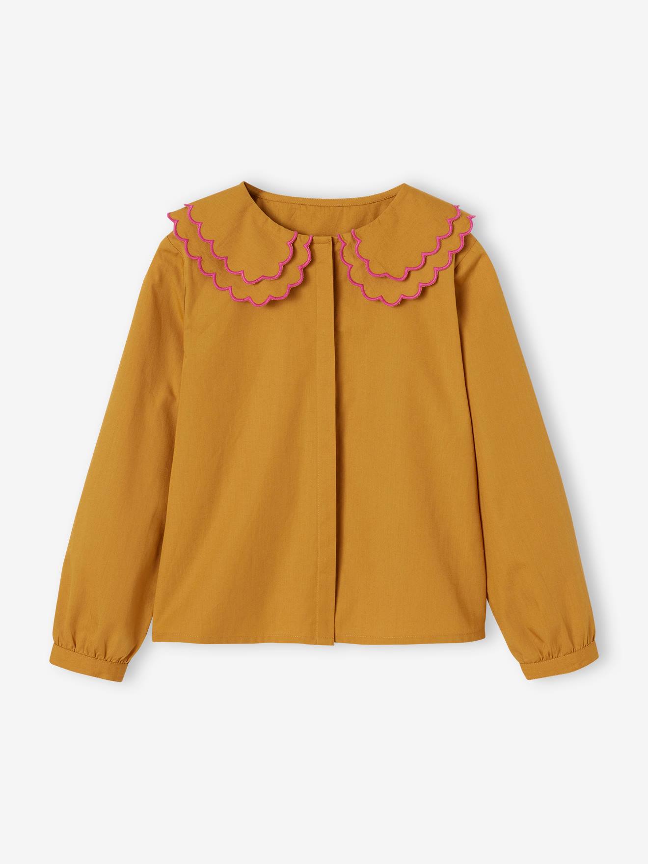 Chemise double col oversize brodé fille moutarde