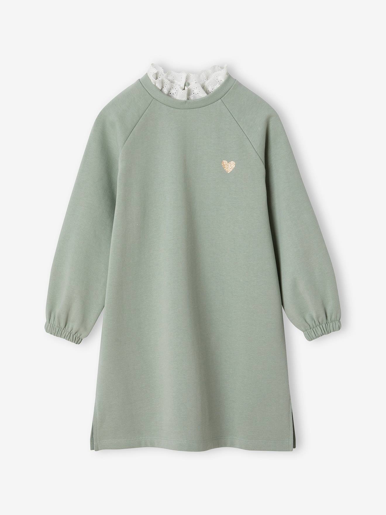 Robe en molleton col en broderie anglaise fille vert de gris