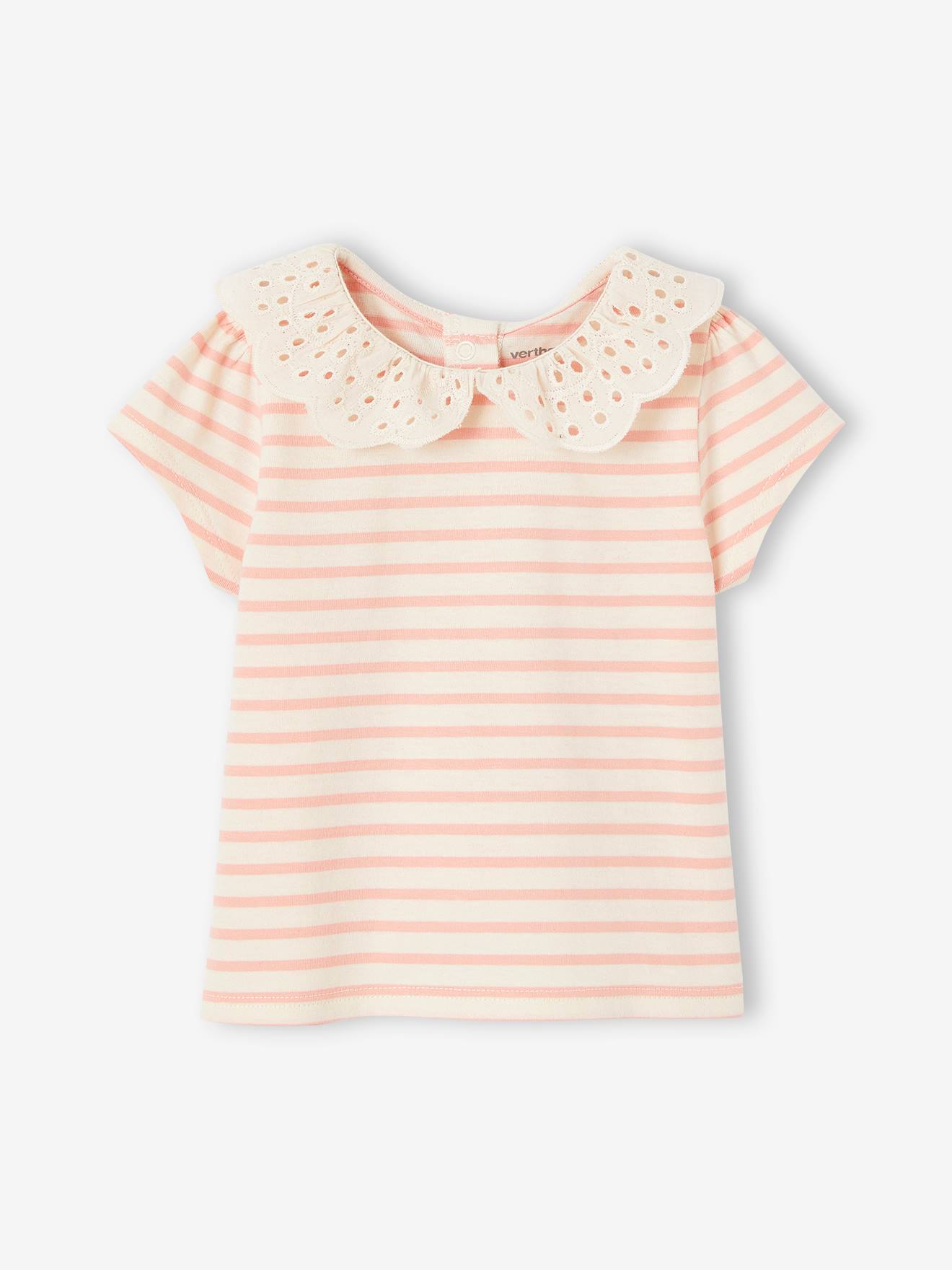 Tee-shirt rayé bébé fille col en broderie anglaise rose