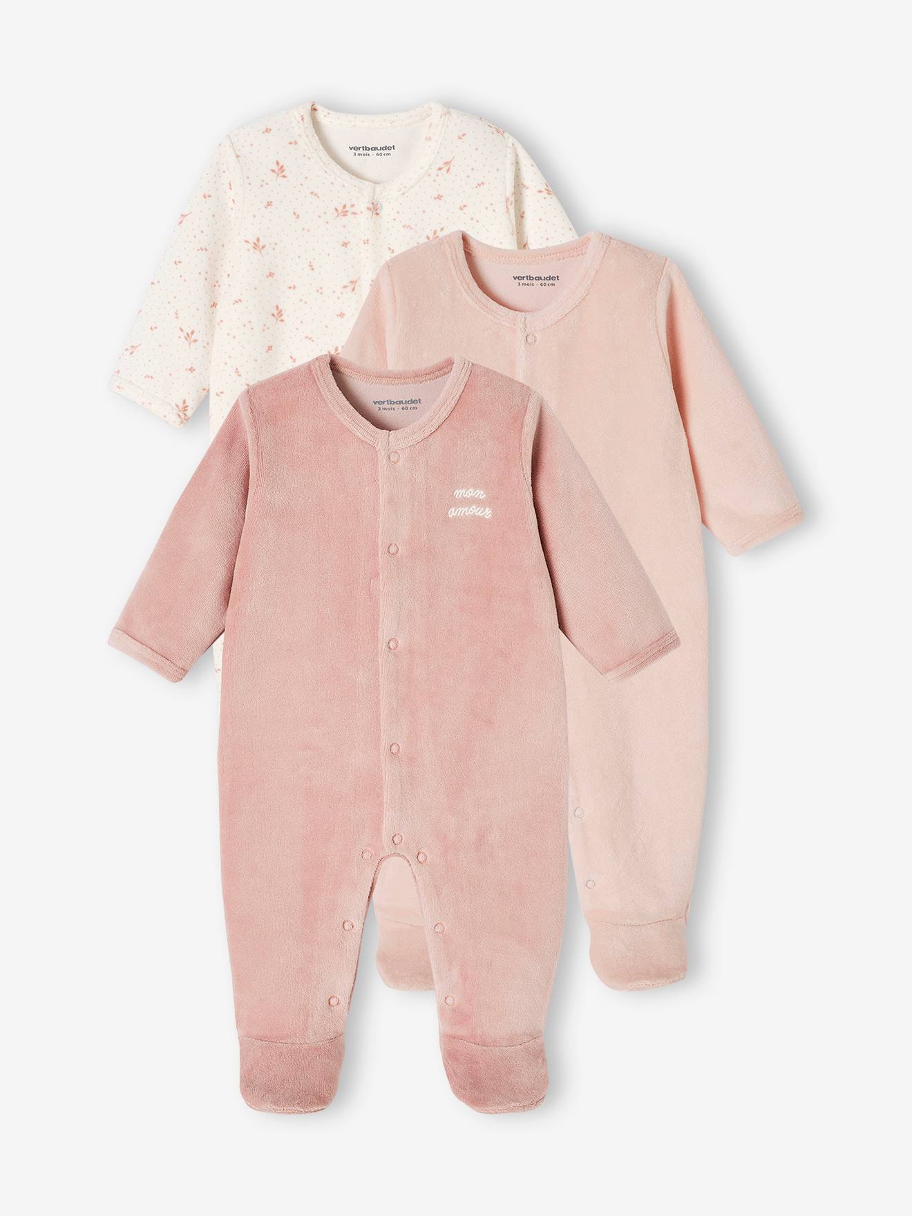 Lot de 3 pyjamas bb mixte en velours ouverture naissance lot bois de rose 28 €