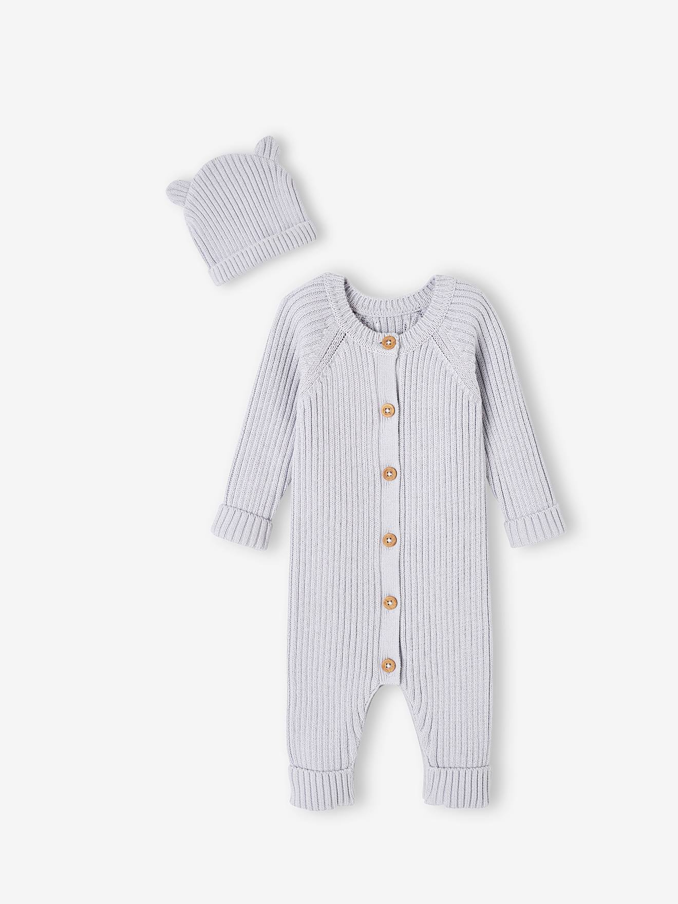 Ensemble bébé combinaison et bonnet à oreilles en tricot bleu pâle (Vertbaudet) - Image 3