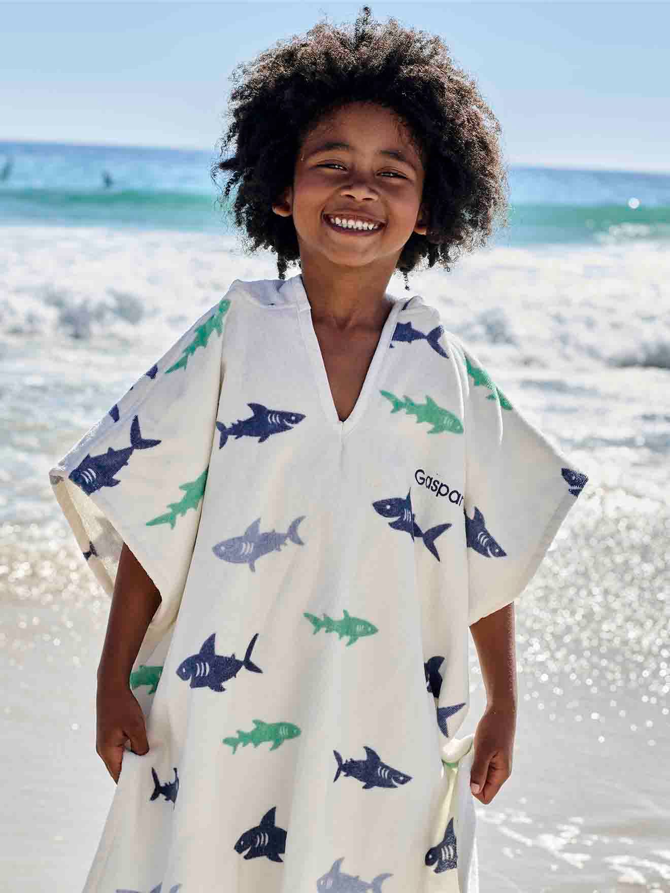 Poncho de bain enfant REQUINS personnalisable, avec coton recyclé blanc imprimé
