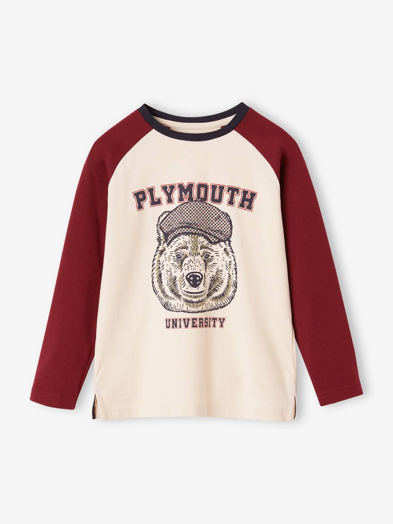 Tee-shirt motif ours manches raglan contrastées bordeaux