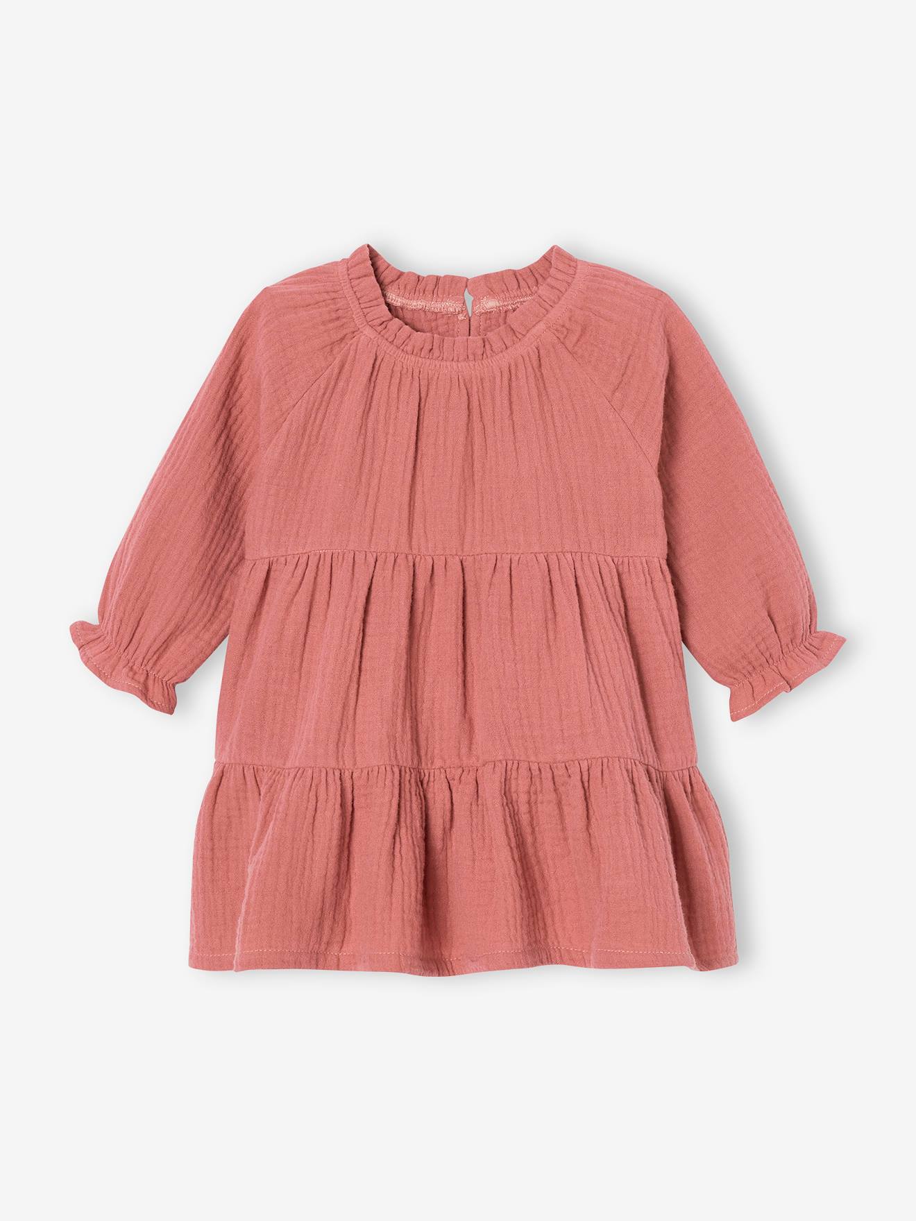 Robe à volants bébé fille en gaze de coton vieux rose