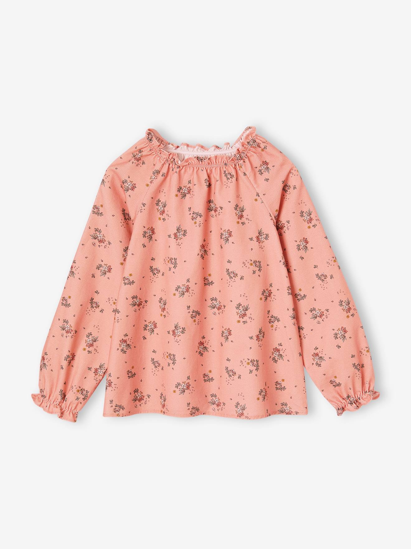 Blouse à fleurs en velours milleraies fille rose poudré