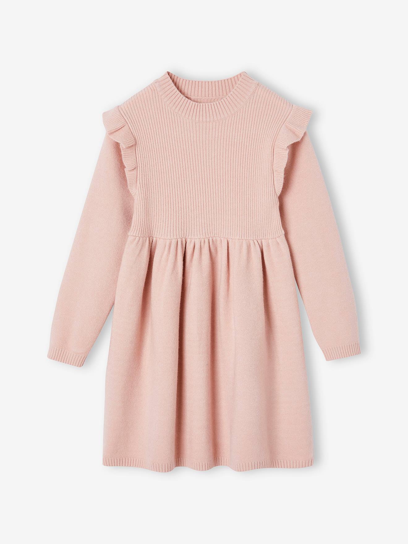 Robe à volants en tricot fille rose poudré