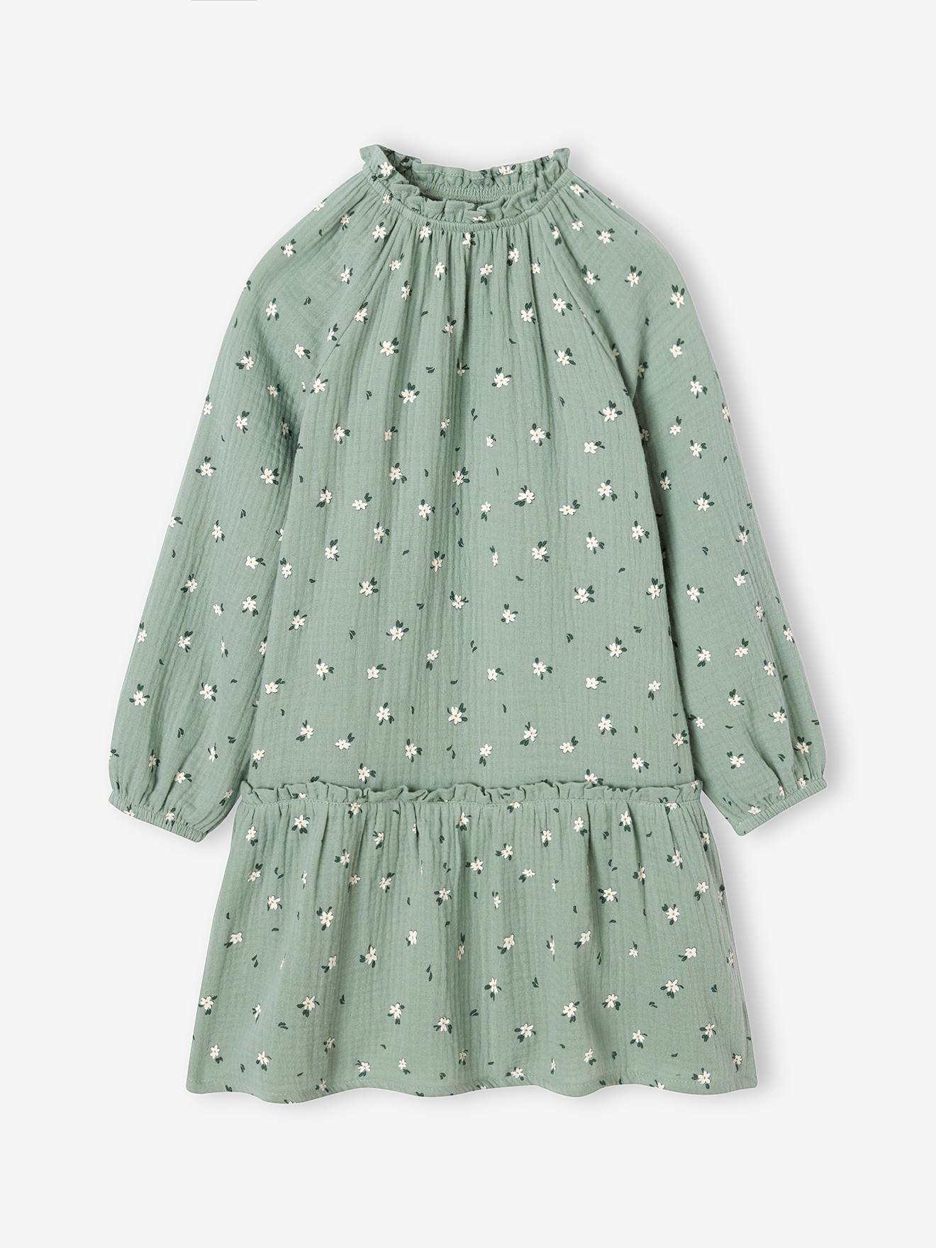 Robe en gaze de coton motifs fleurs fille vert de gris