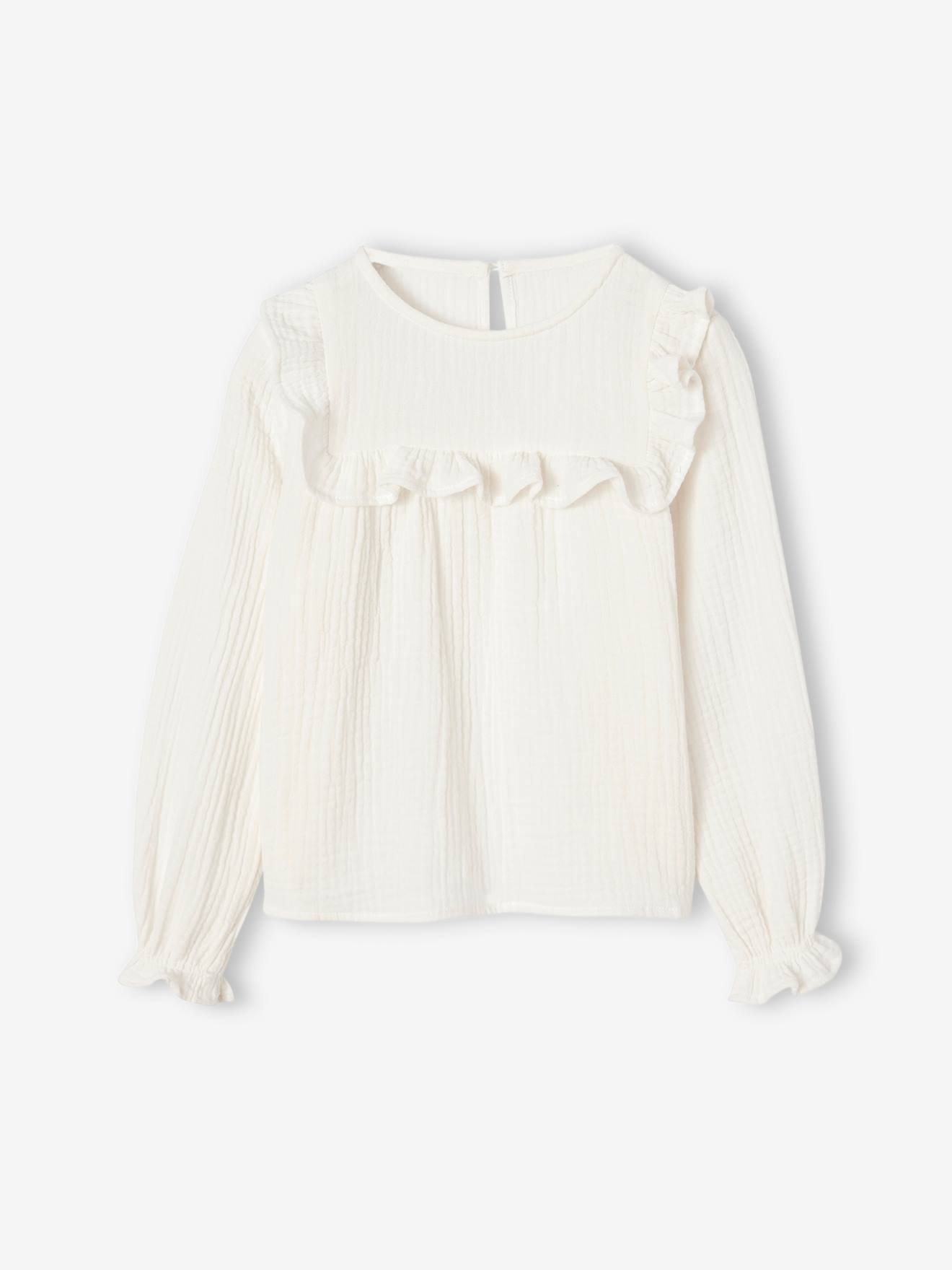 Blouse à volant en gaze de coton fille écru