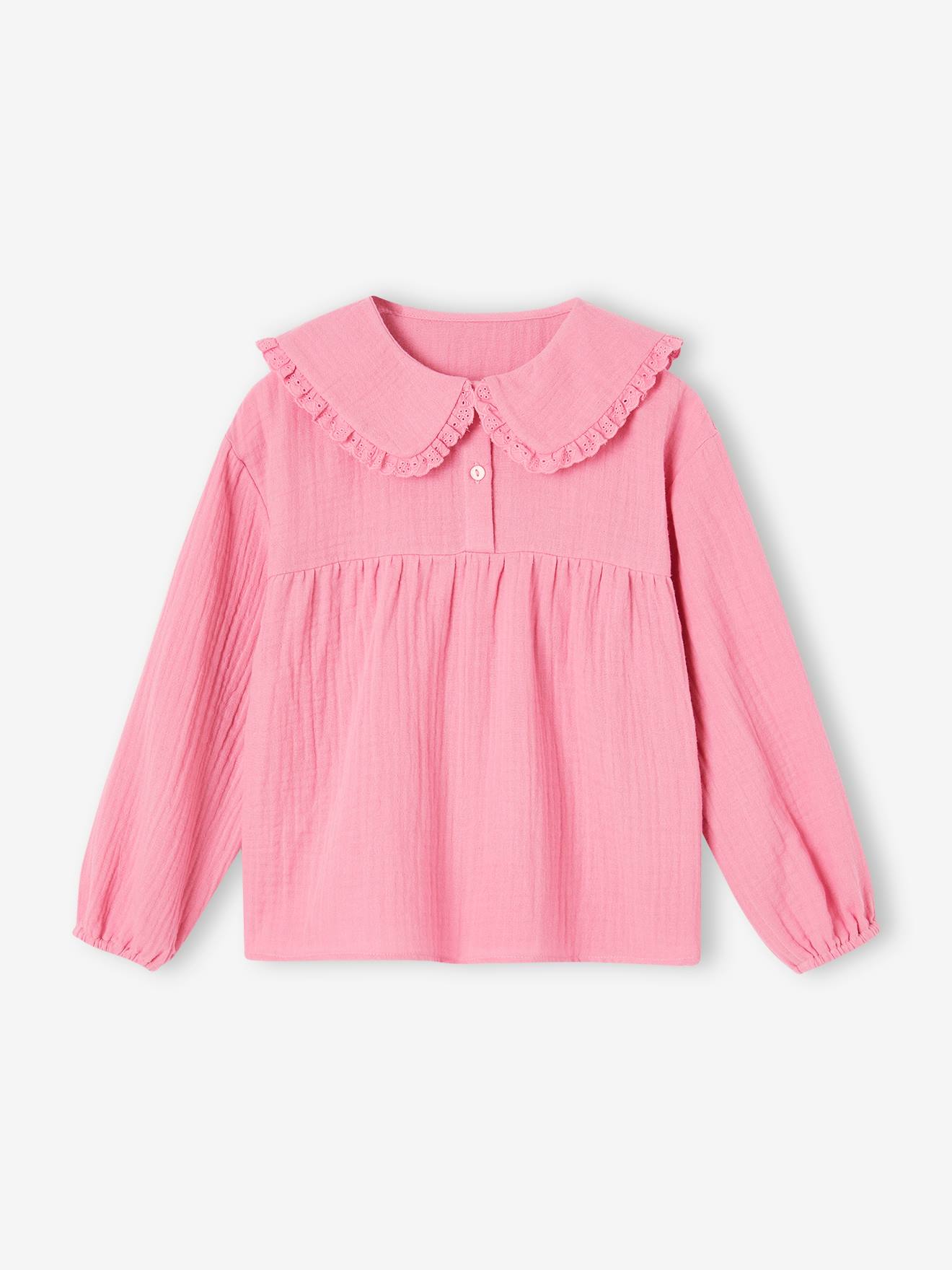 Blouse en gaze col Claudine fantaisie fille vieux rose