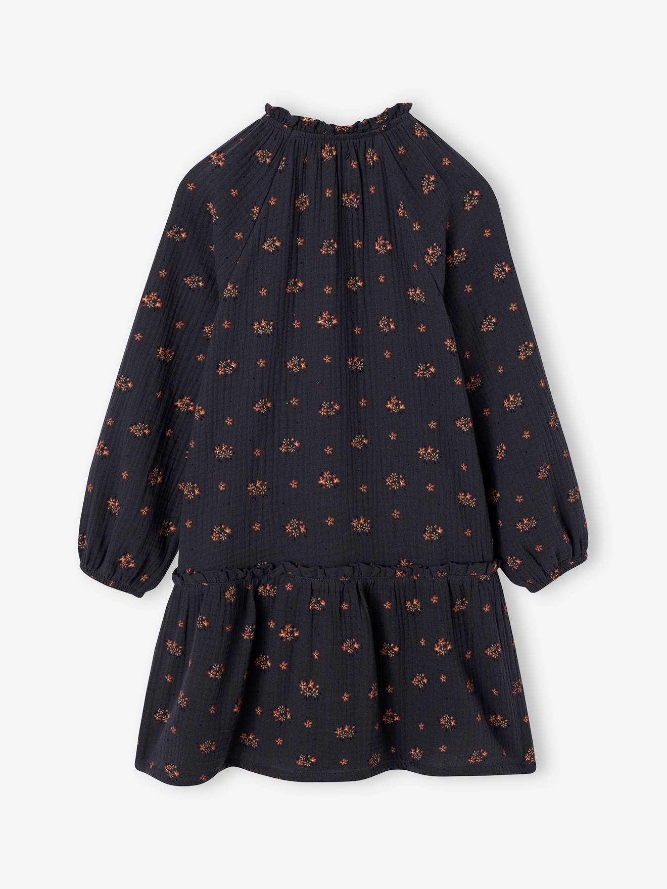Robe Bébé Fille VERTBAUDET – Gaze De Coton Denim, Fleurs Imprimées, Manches Bouffantes, 6 Mois