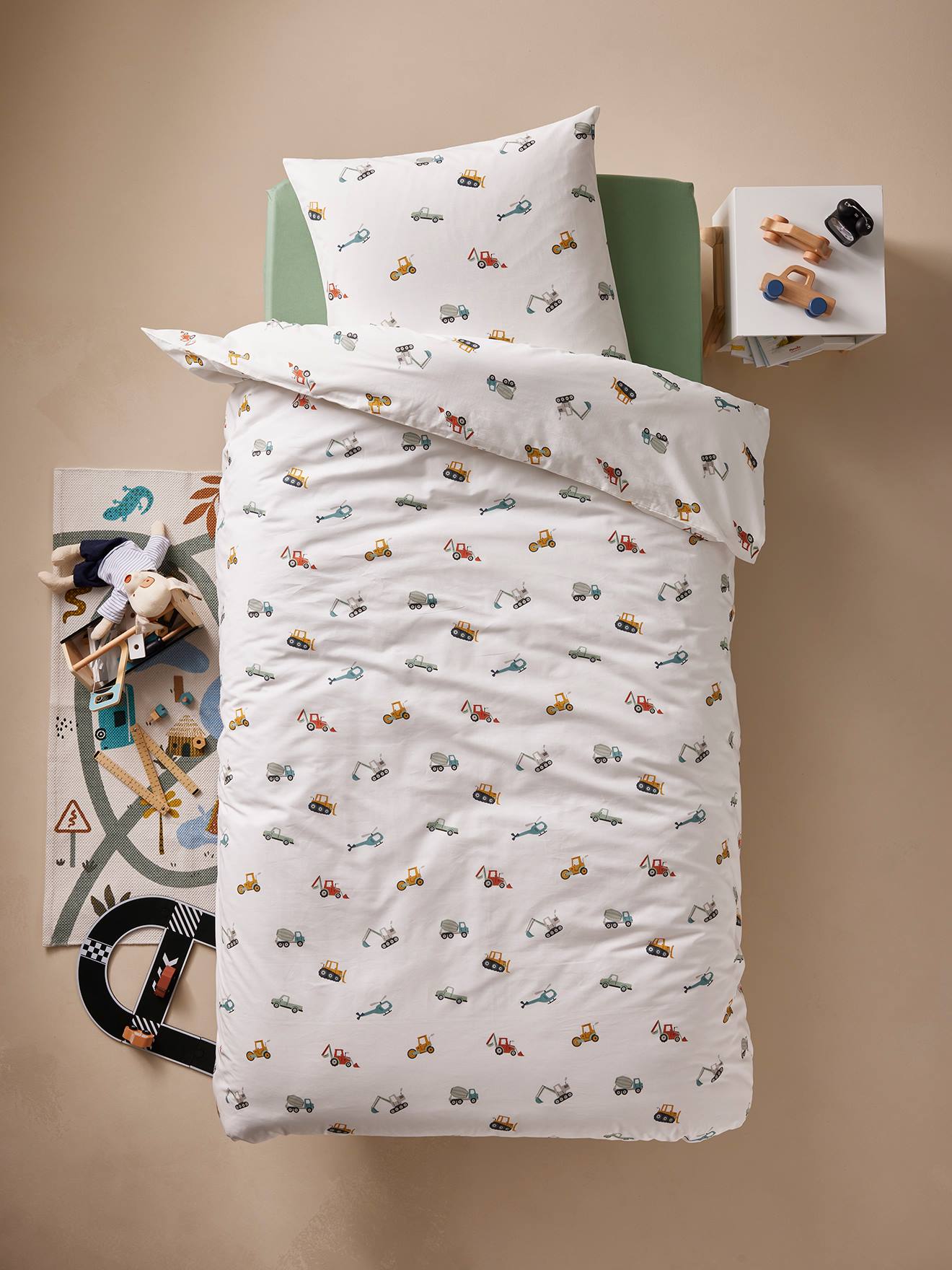 Parure De Lit Engins De Chantier Bébé - Housse Couette 100x135 Cm + Taie 40x60 Cm - 100% Coton OEKO-TEX