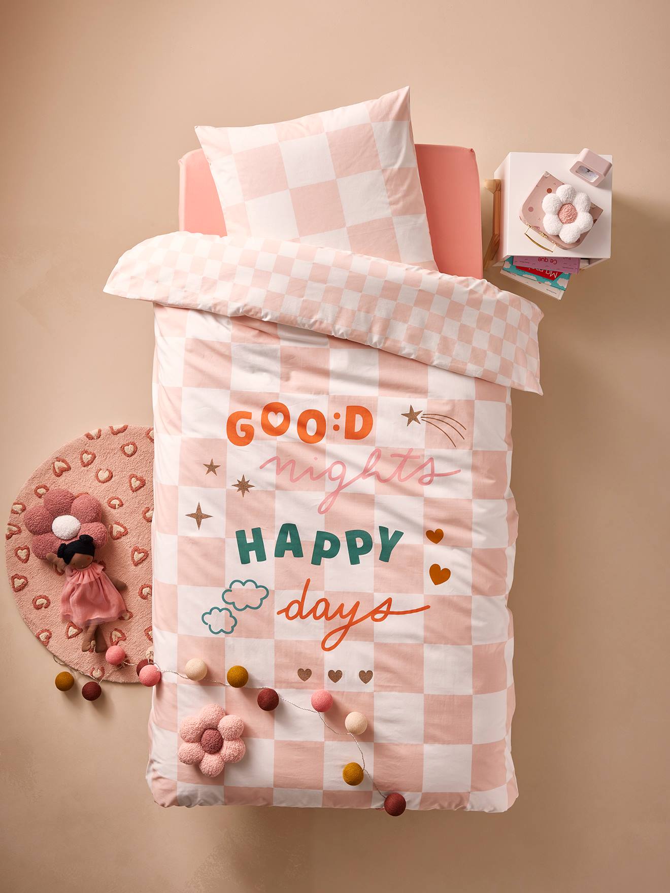Parure housse de couette + taie oreiller enfant DAMIER GOOD VIBES, avec coton recyclé carreaux rose