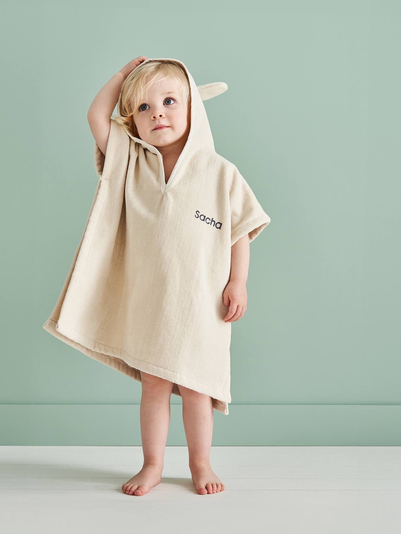 Poncho de bain bébé avec coton recyclé personnalisable Animaux beige