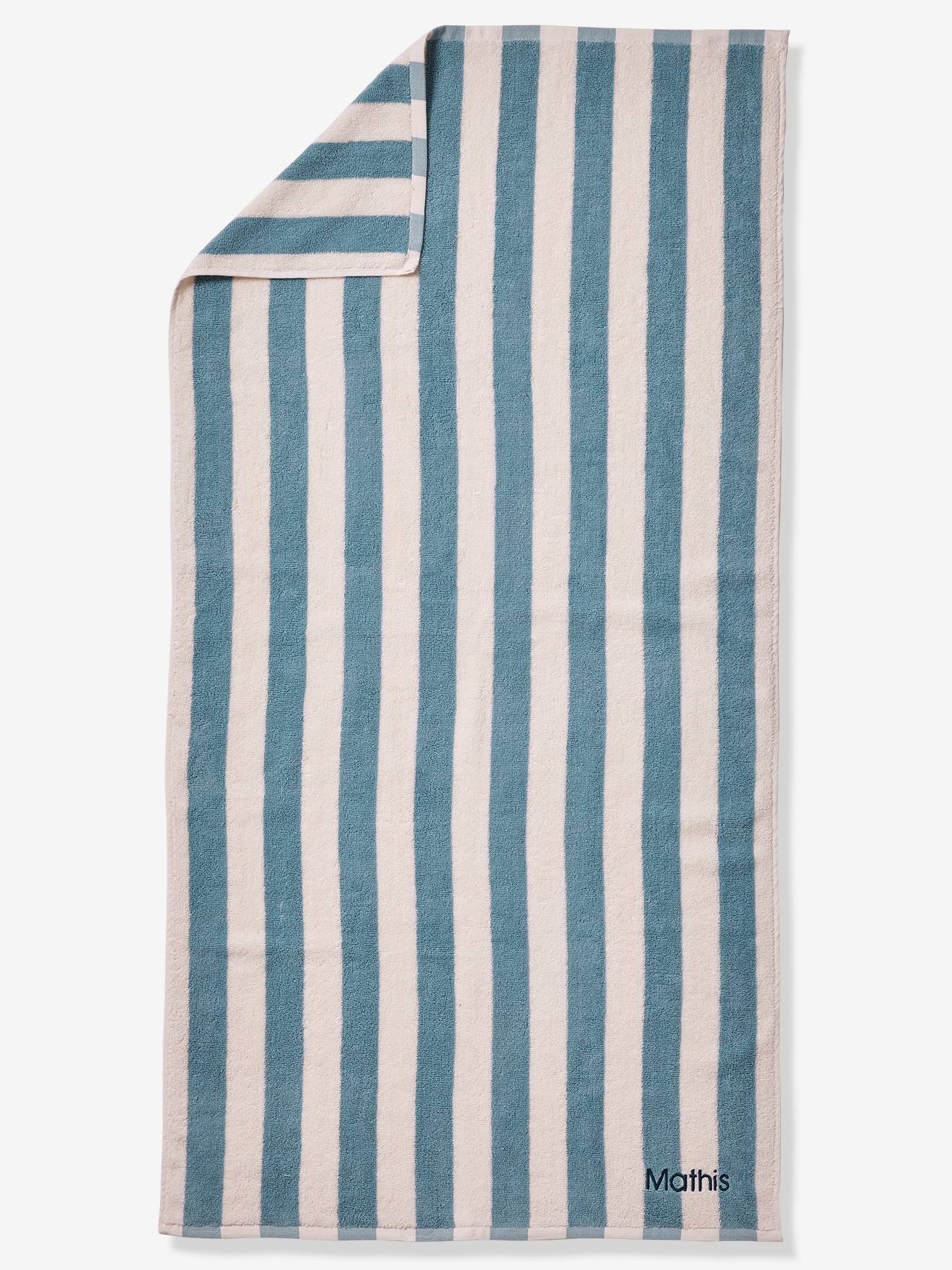 Serviette de bain rayée TRANSAT personnalisable, avec coton recyclé rayé bleu