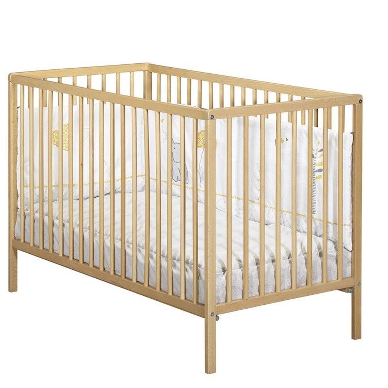 Lit Bébé - 120 X 60 Cm - Babyprice First - Tout Barreaux - En Bois Naturel Beige