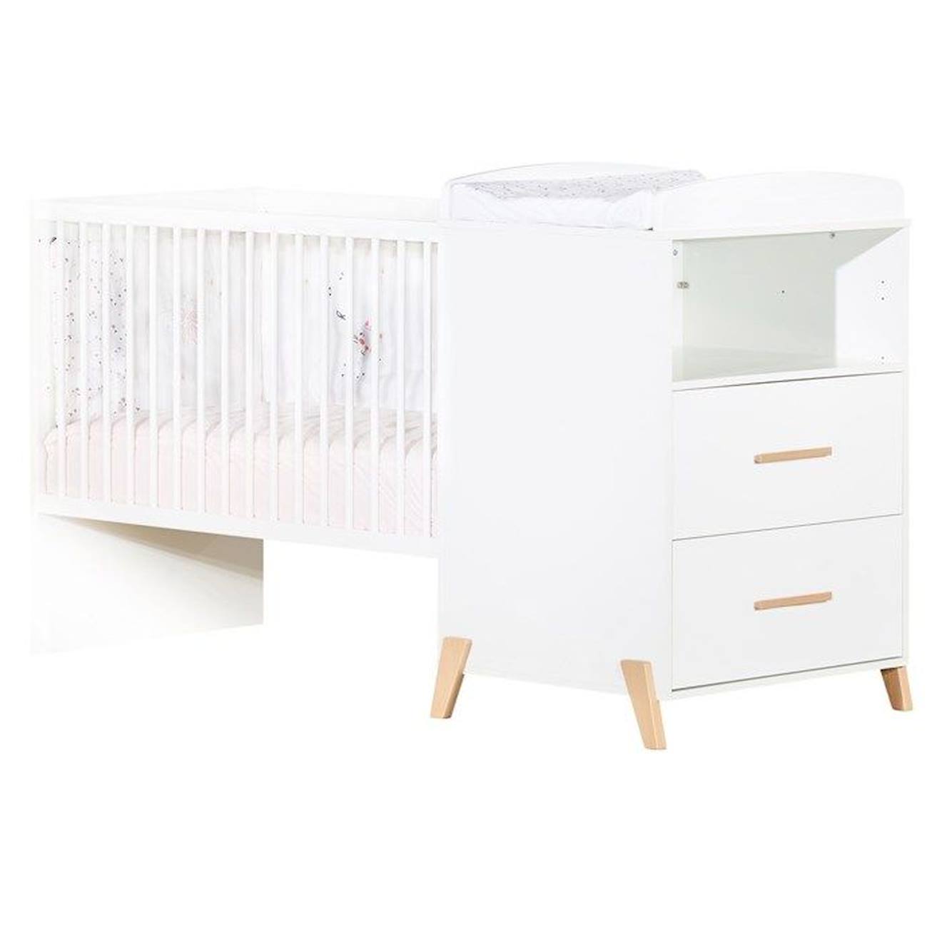 Baby Price - Lit Combiné - 120x60cm - Evolutif En 90x190cm - Babyprice Joy Naturel - Blanc Sur Pieds En Bois Naturel Blanc