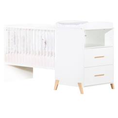 -Lit Combiné - 120x60cm - Evolutif en 90x190cm - Babyprice Joy Naturel - Blanc sur pieds en bois naturel