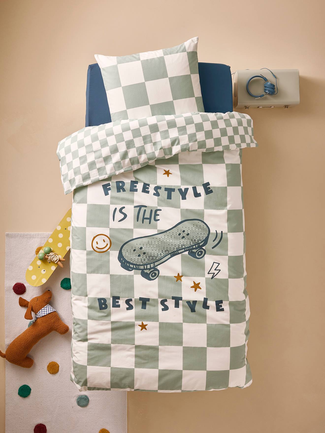 Parure housse de couette + taie d'oreiller enfant DAMIER FREESTYLE, avec coton recyclé carreaux vert