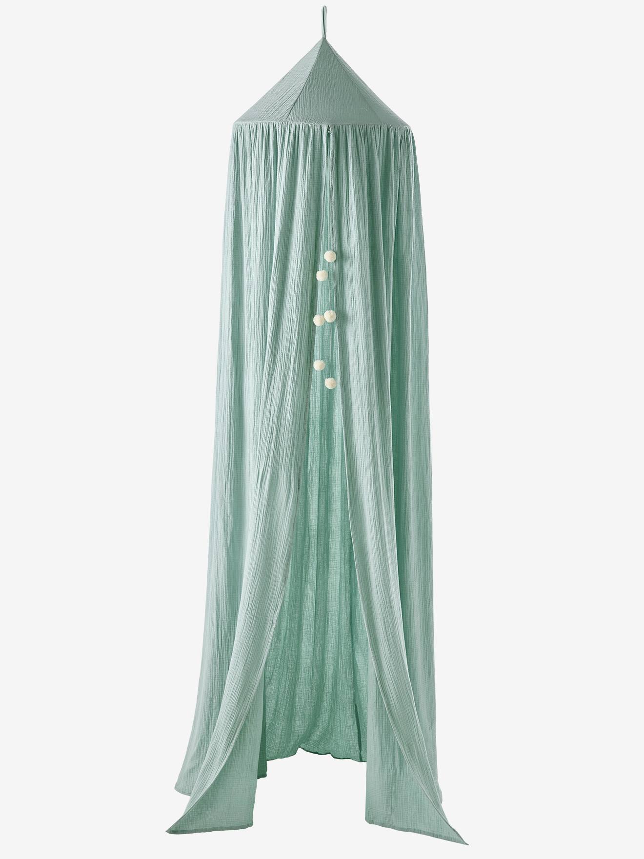 Ciel de lit en gaze de coton avec pompons vert sauge (Vertbaudet) - Image 2