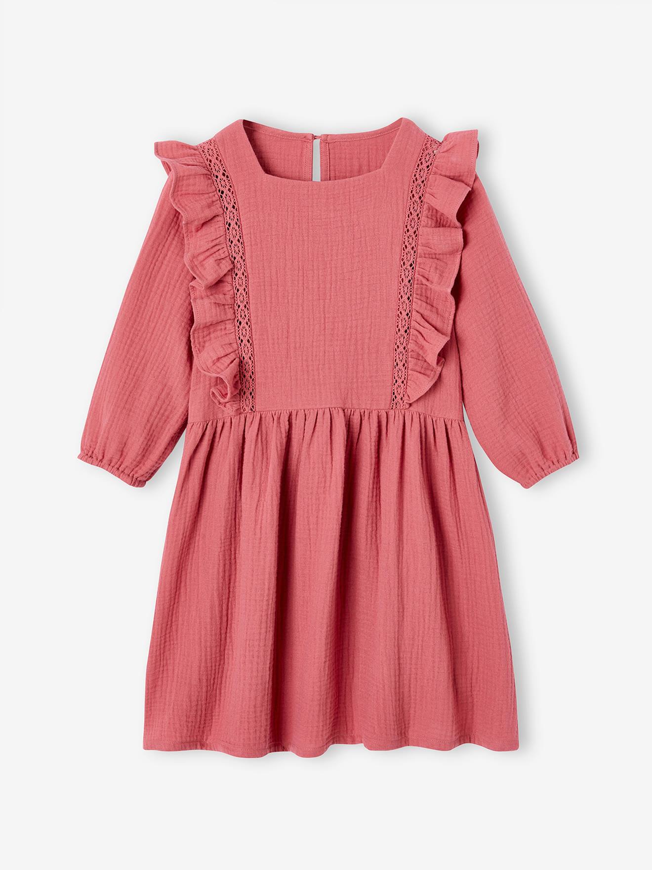 Robe à volants en gaze de coton fille vieux rose