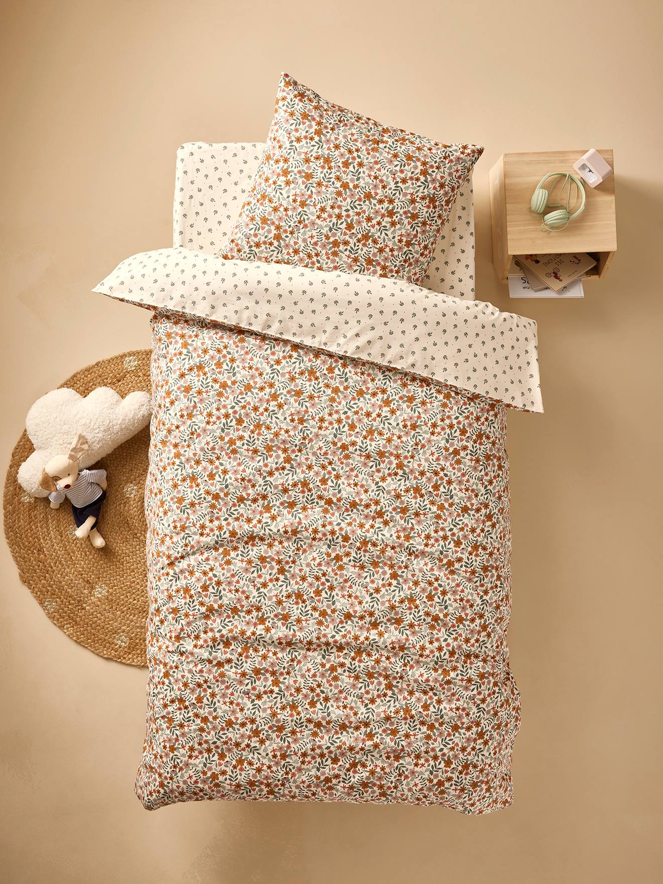 Parure housse de couette + taie d'oreiller enfant réversible RETRO FLOWERS, avec coton recyclé multicolore