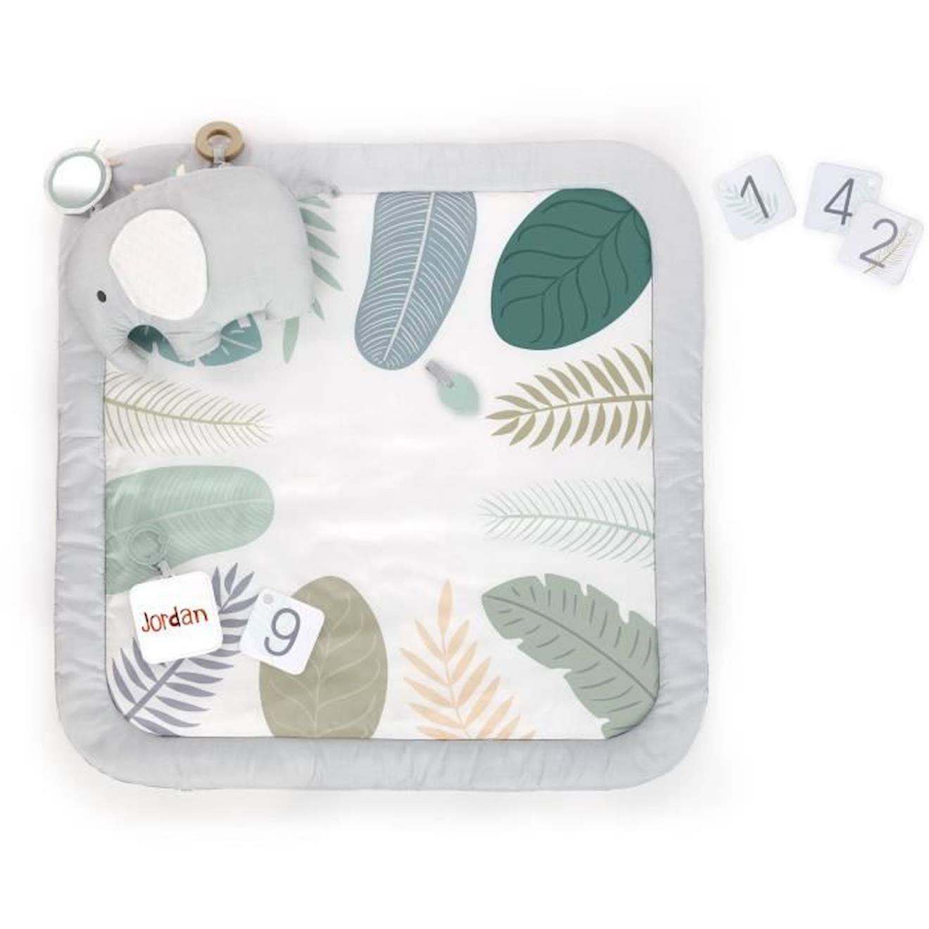 Ingenuity Tapis D'éveil Tout Confort Petit Eléphant, 12 Cartes Étapes Mensuelles Et Tableau Personnalisable Blanc