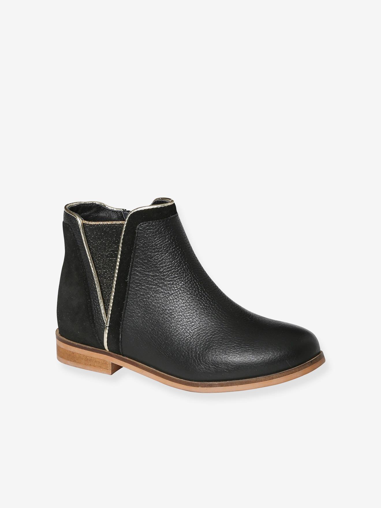 Boots cuir fille zippées et élastiquées noir