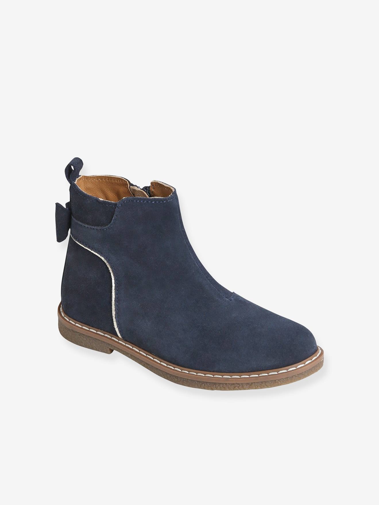 Boots enfant fille cuir zippées noeud fantaisie bleu fonce uni