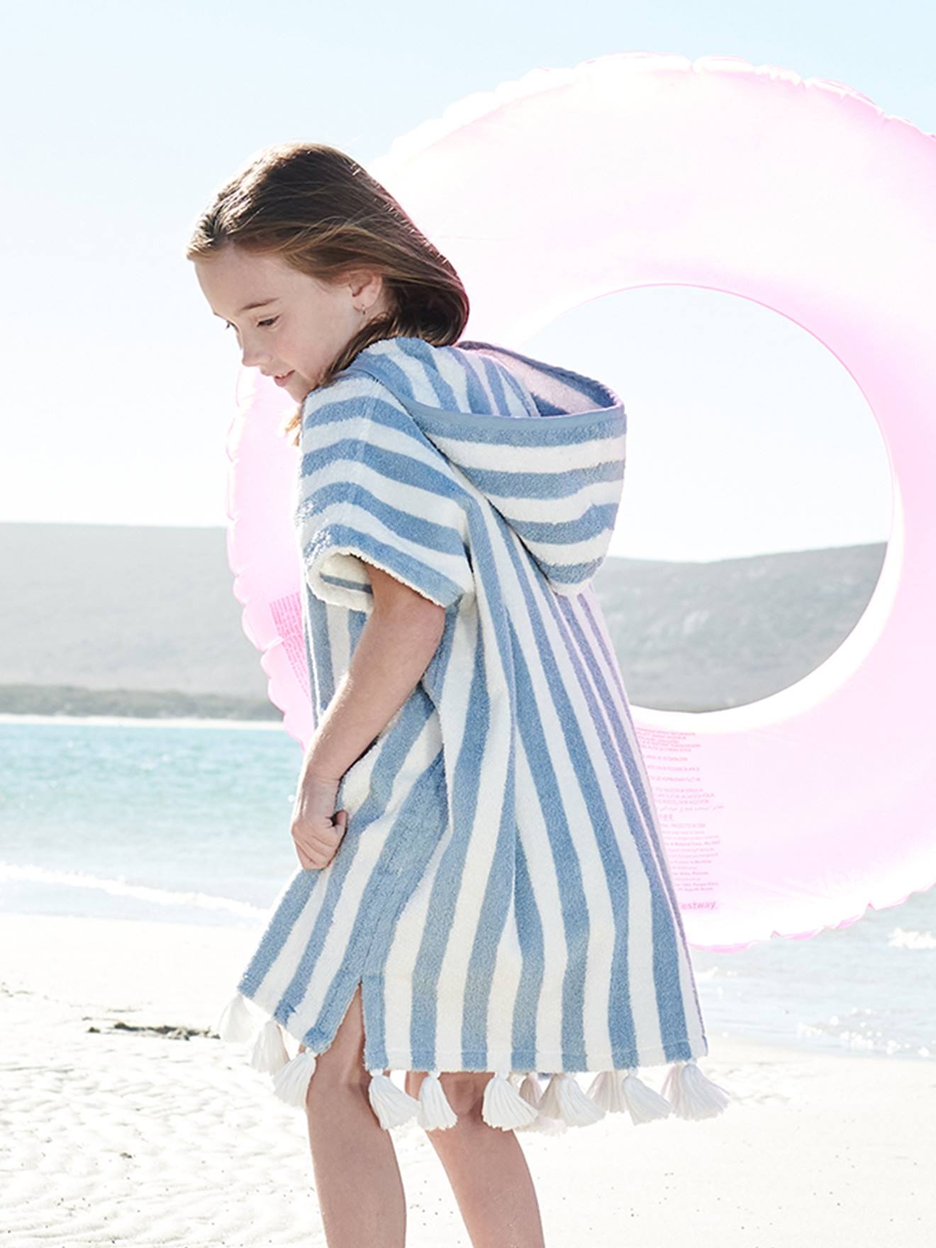 Vertbaudet - Poncho de bain enfant à rayures personnalisable bleu